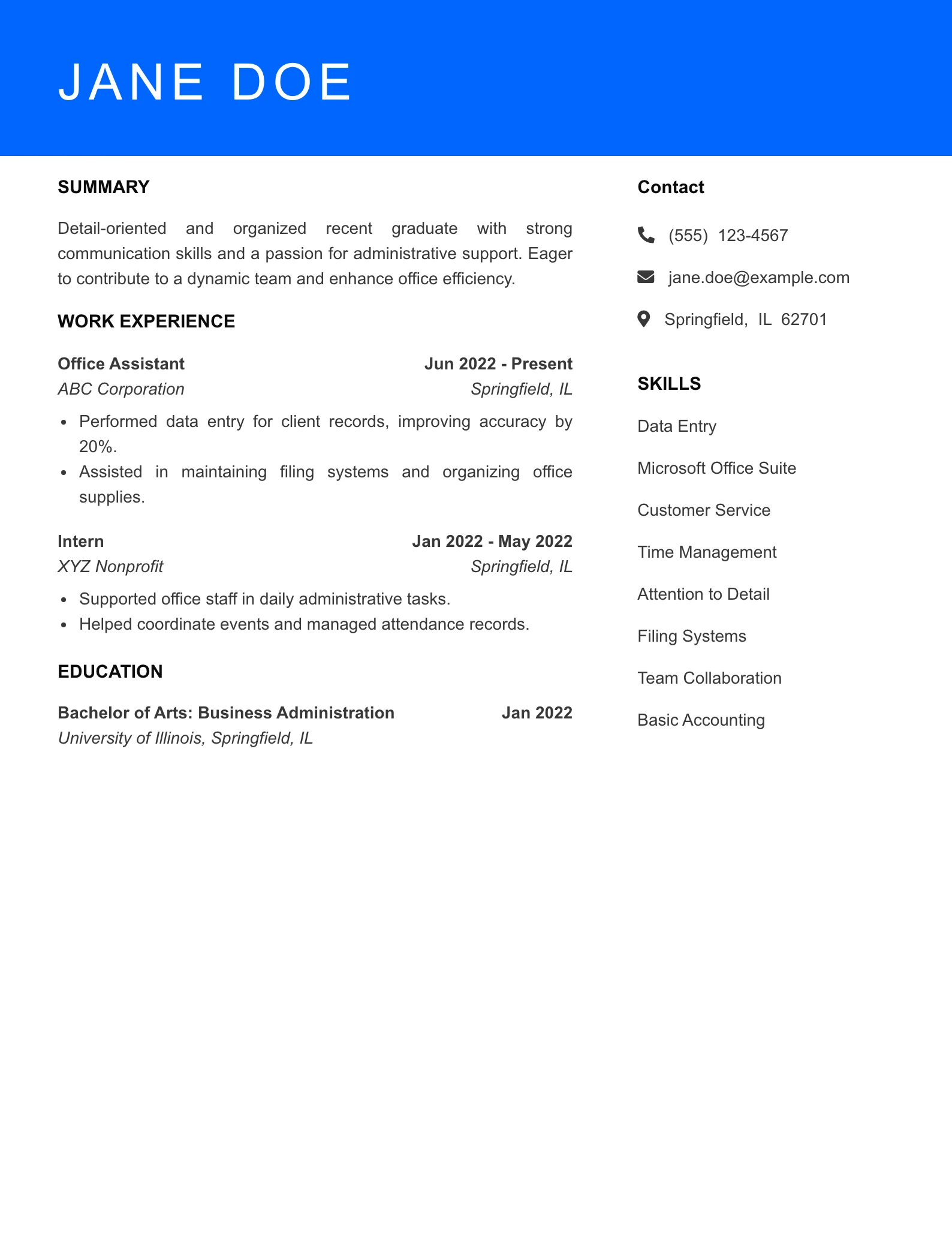 Selected Office Clerk Resume