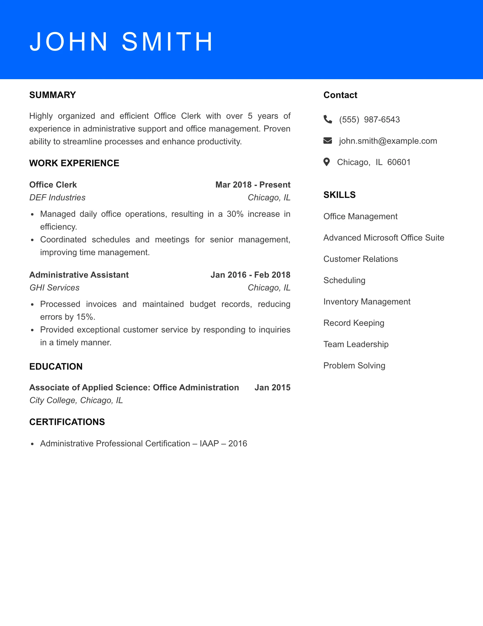 Mid Level Office Clerk Resume Sample