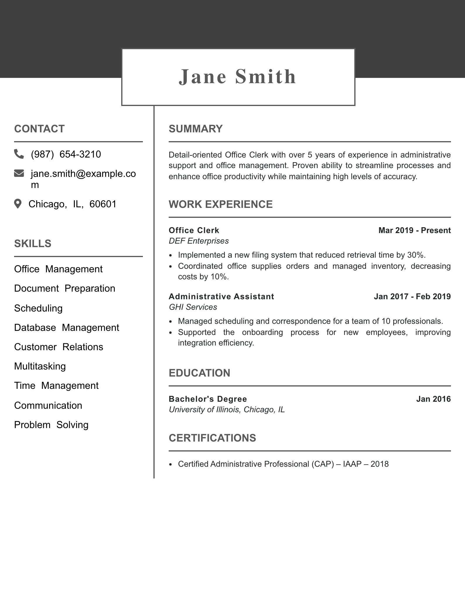 Mid Level Office Clerk Resume Example