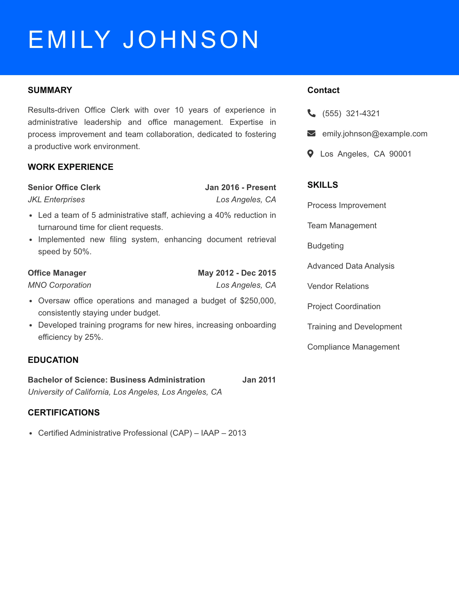 Senior Level Office Clerk Resume Sample