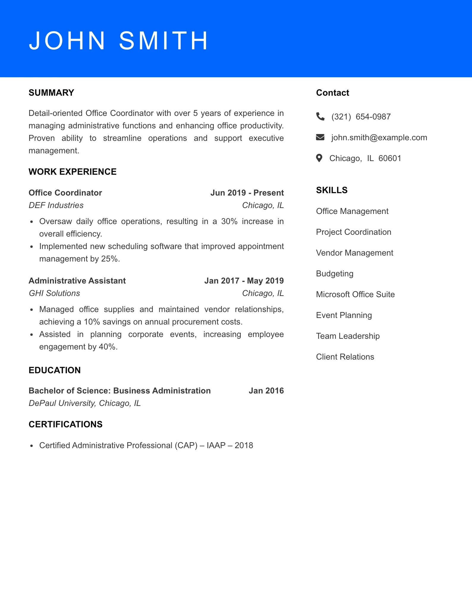 Mid Level Office Coordinator Resume Sample