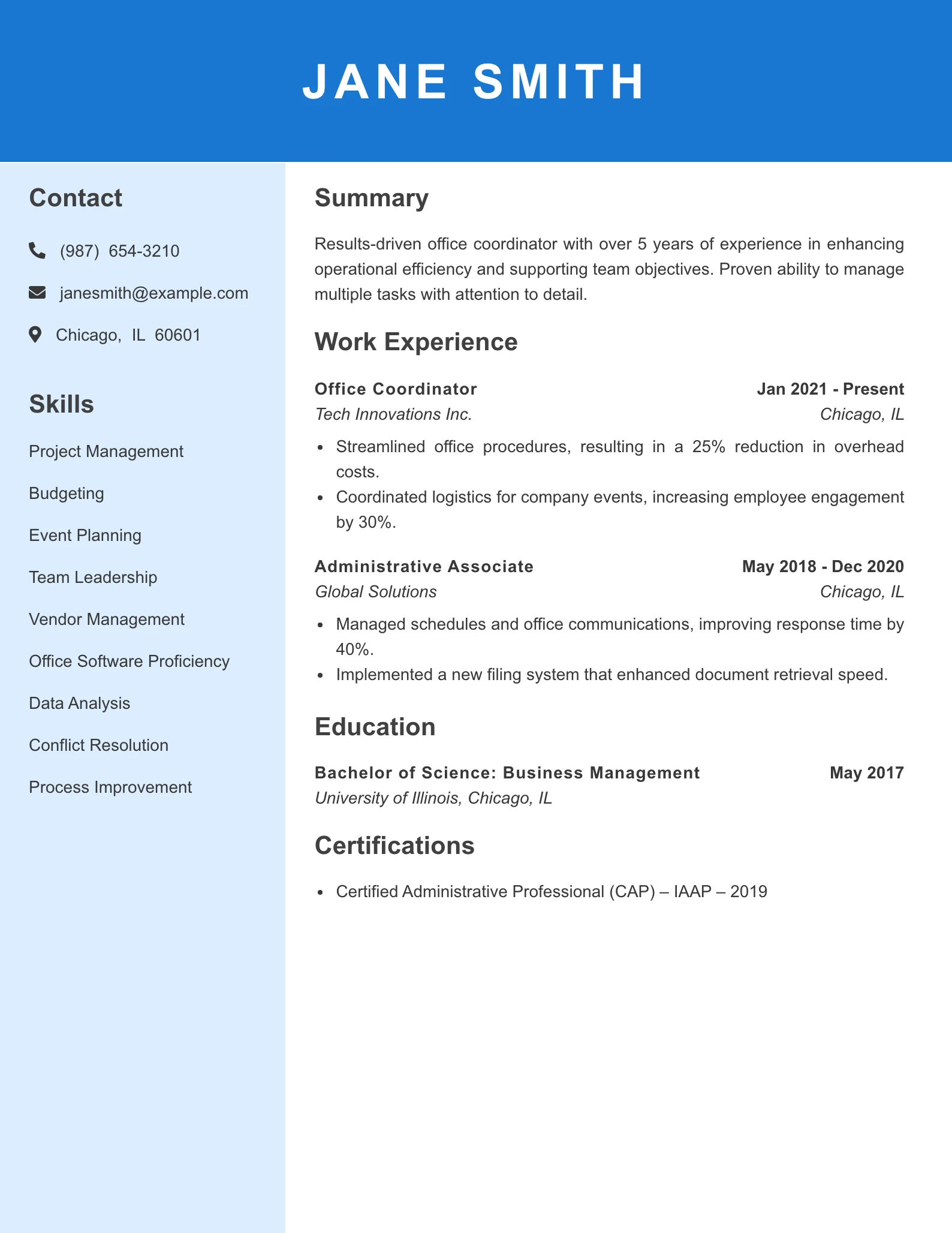 Mid Level Office Coordinator Resume Example