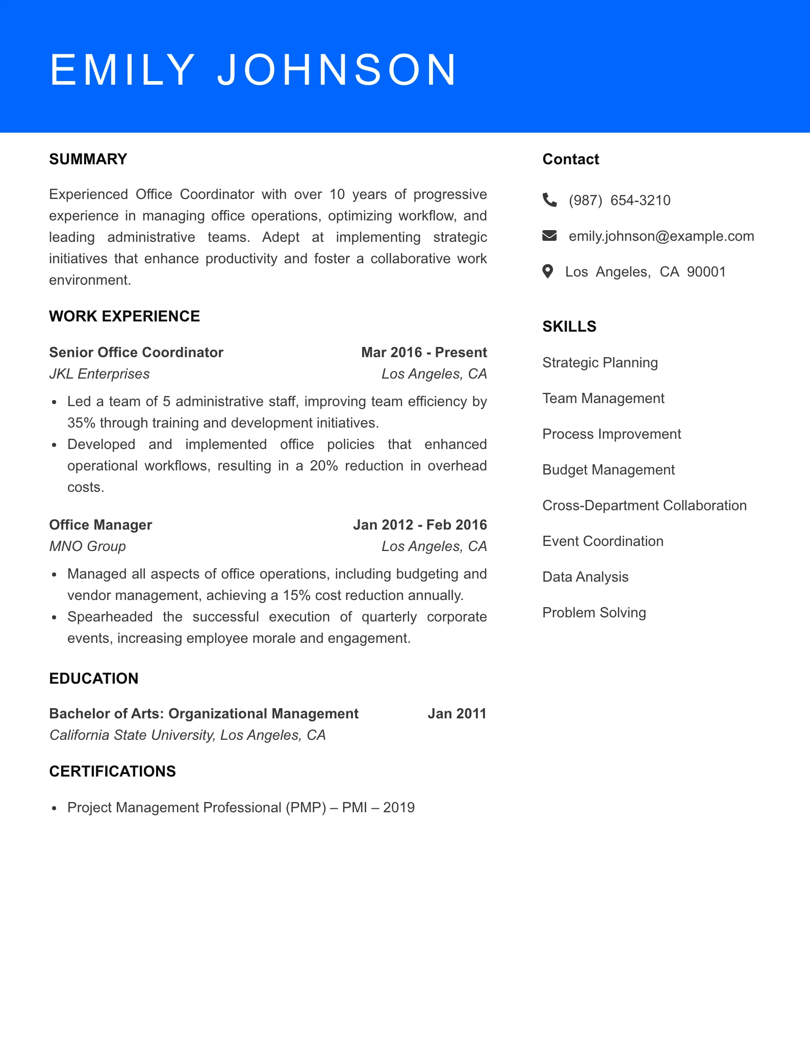 Senior Level Office Coordinator Resume Sample
