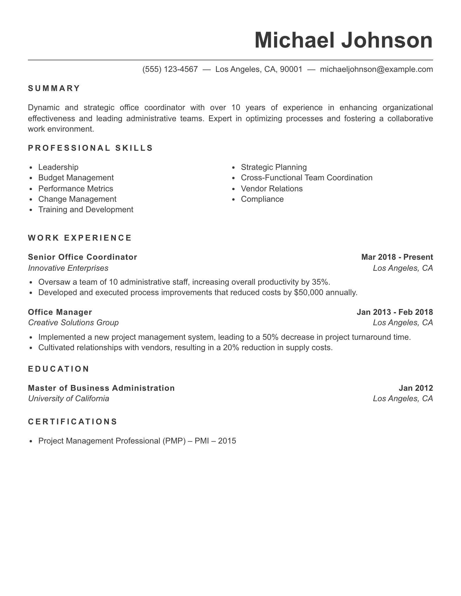 Senior Level Office Coordinator Resume Example