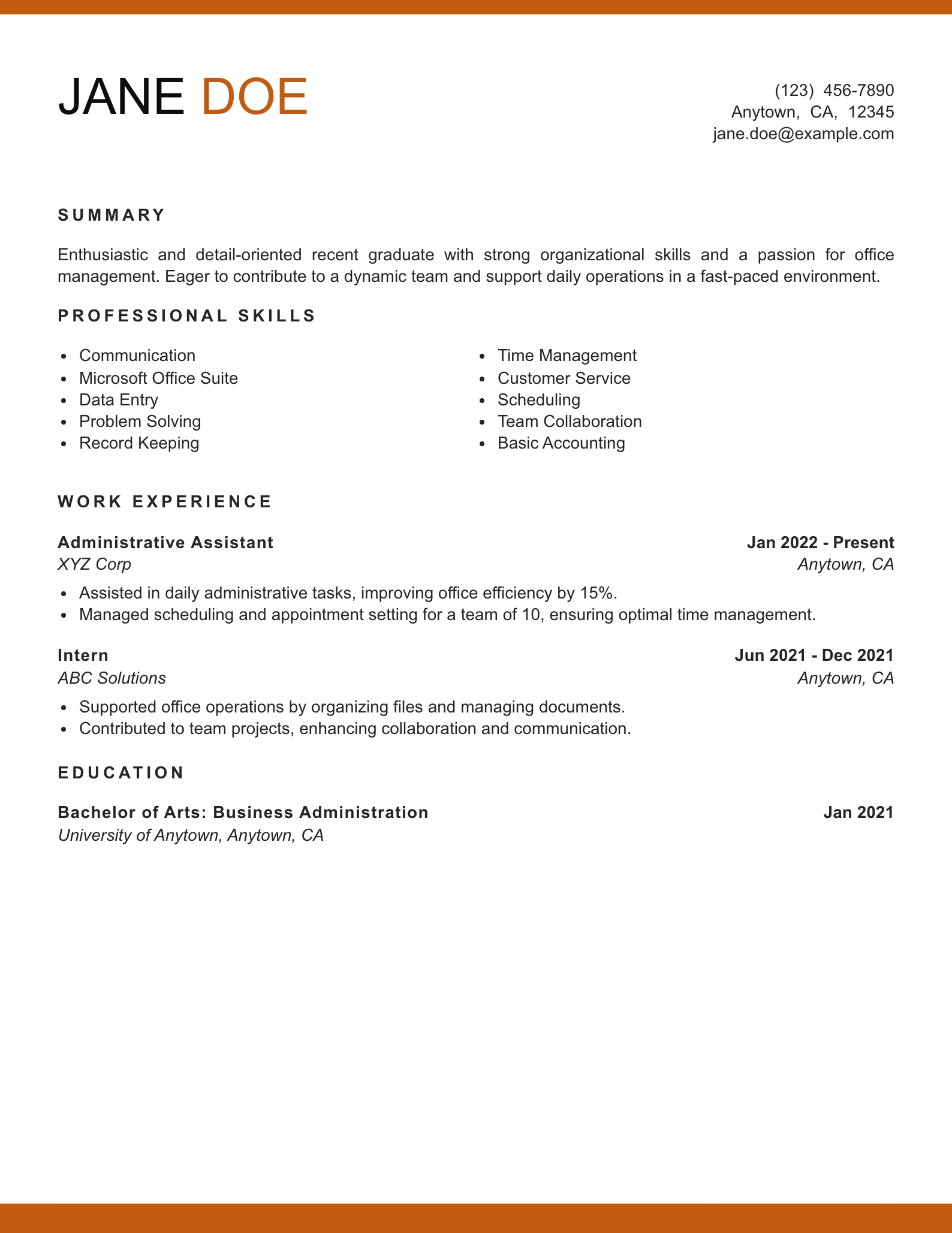 Entry Level Office Manager Resume Example