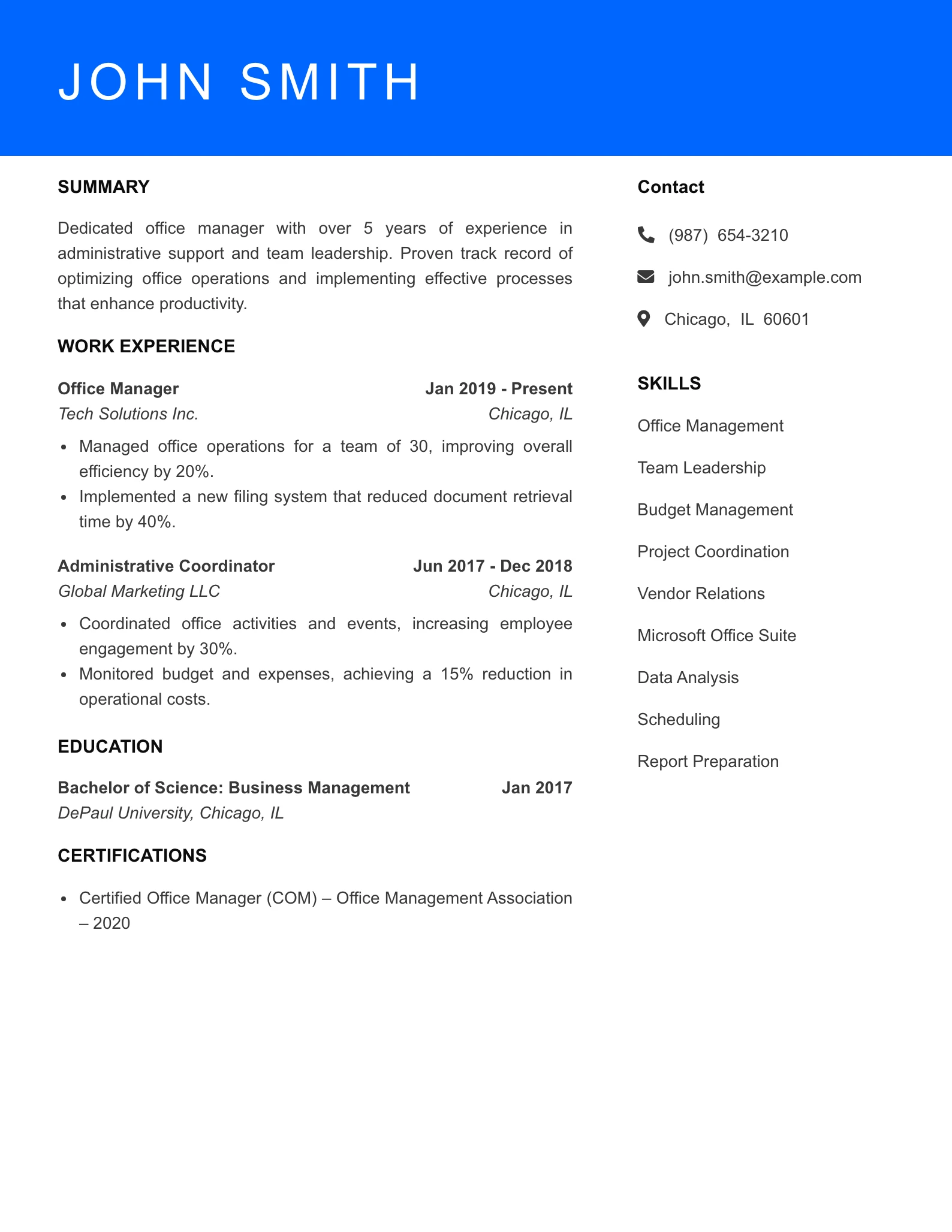 Mid Level Office Manager Resume Sample
