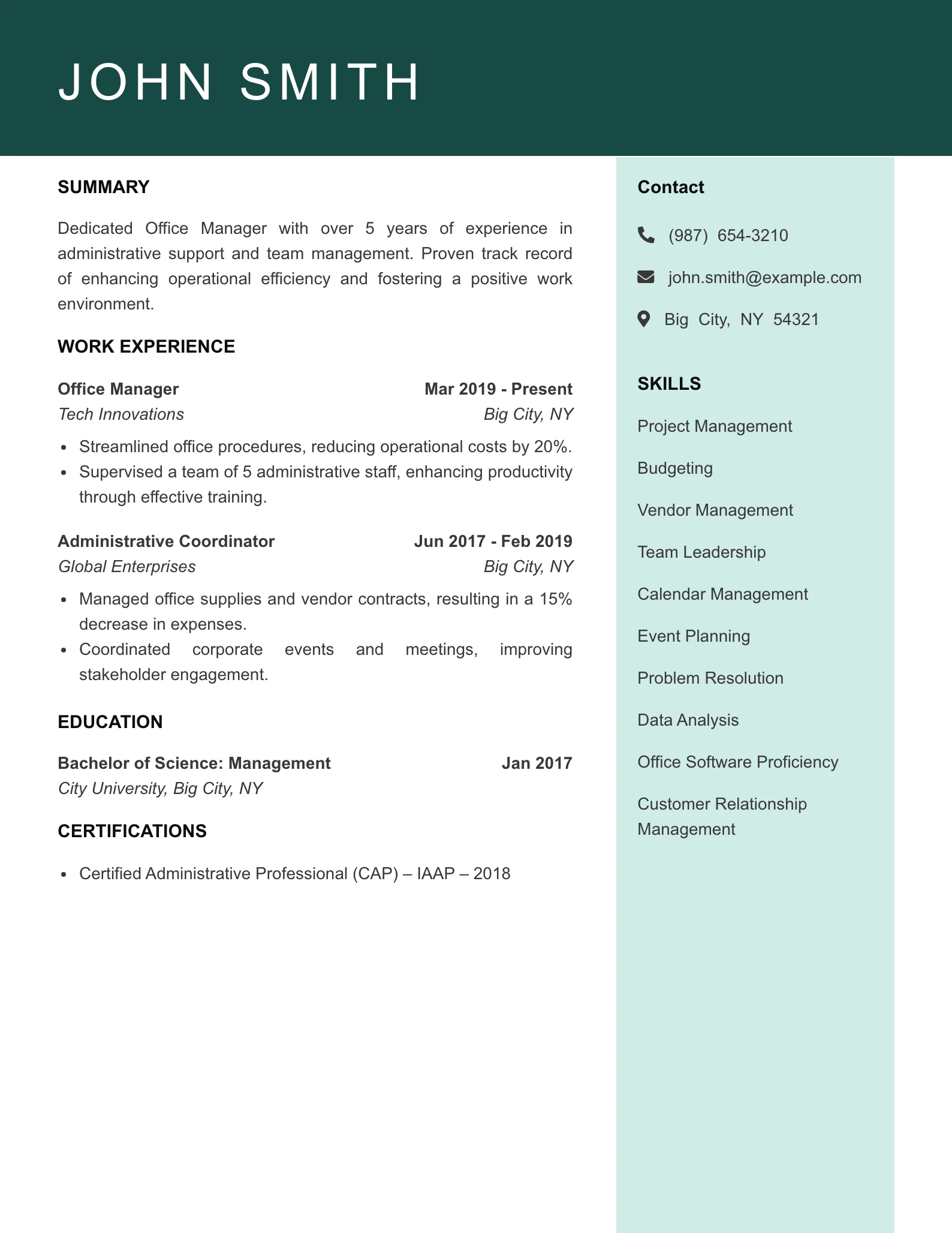 Mid Level Office Manager Resume Example