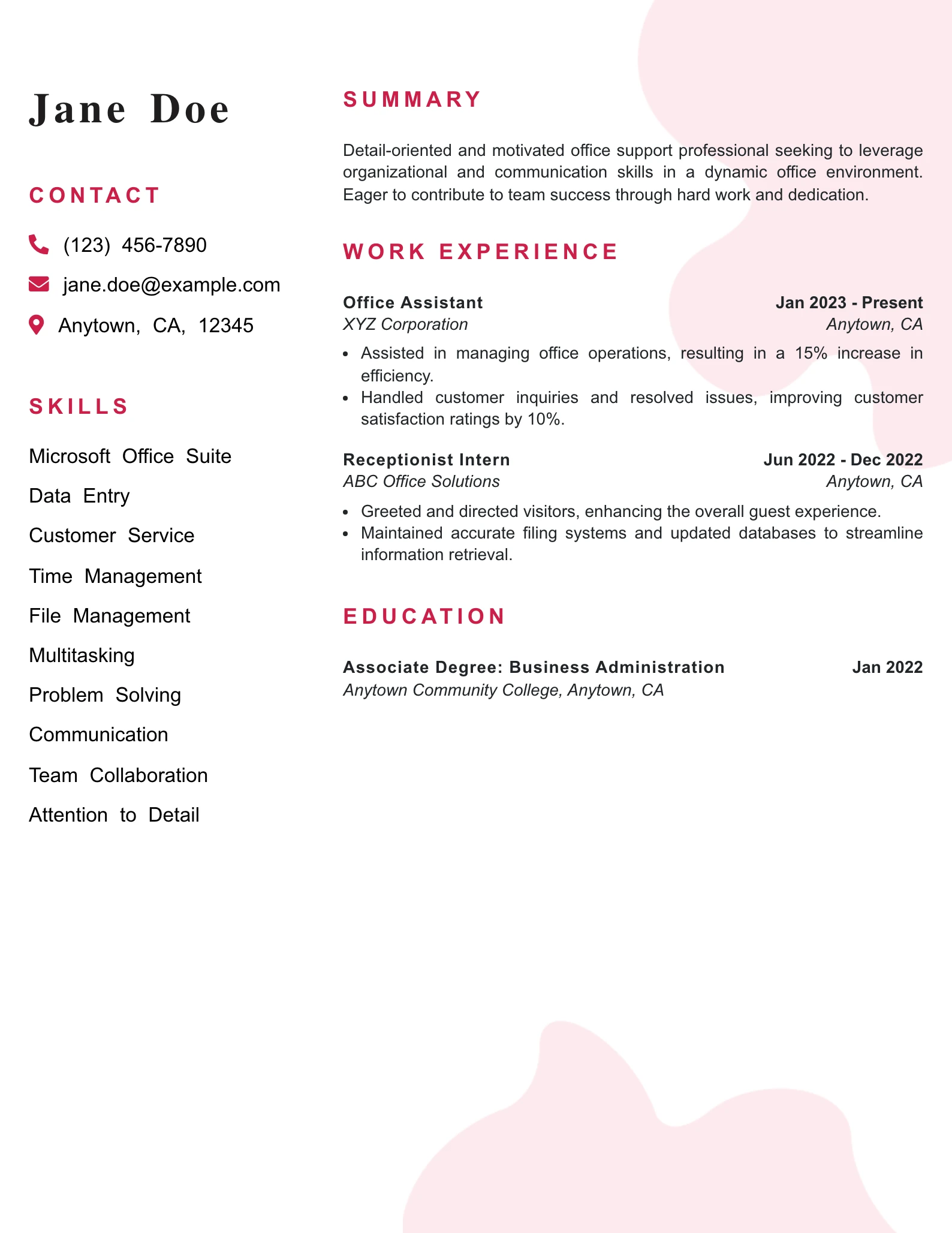 Entry Level Office Support Specialist Resume Example