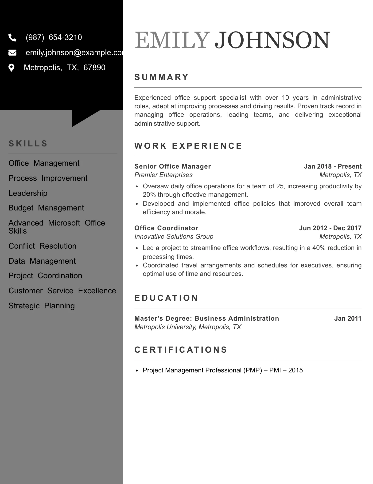 Senior Level Office Support Specialist Resume Example