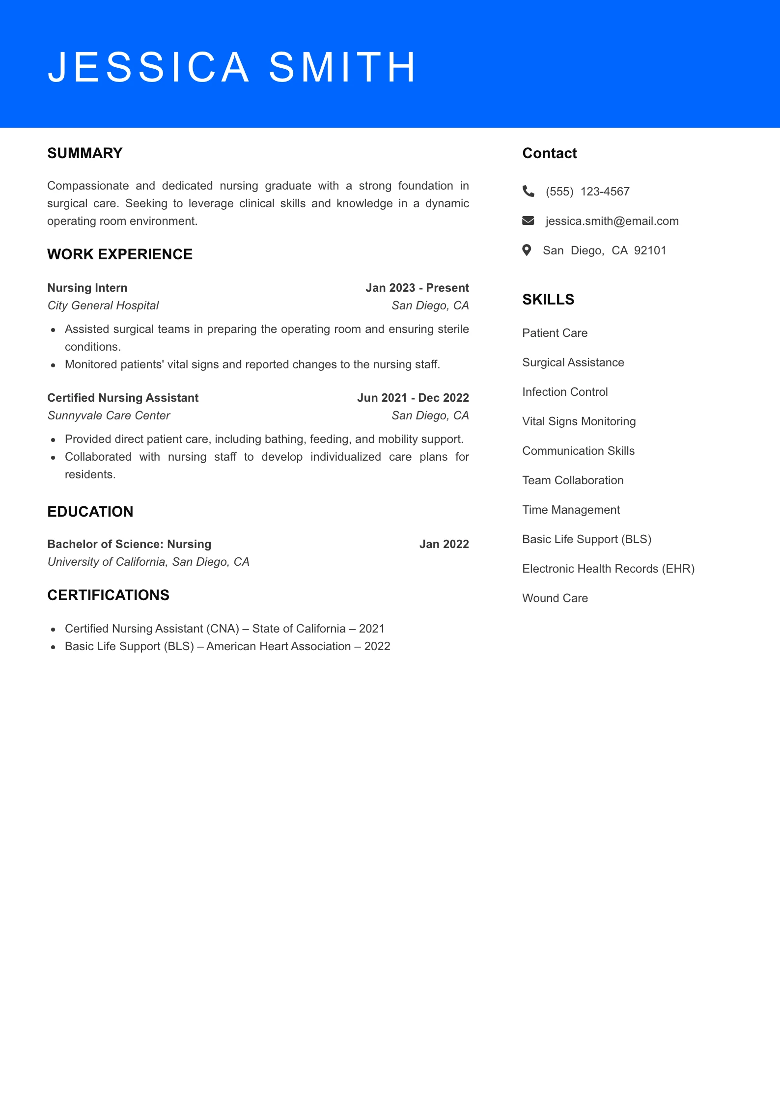 Selected Operating Room Nurse Resume