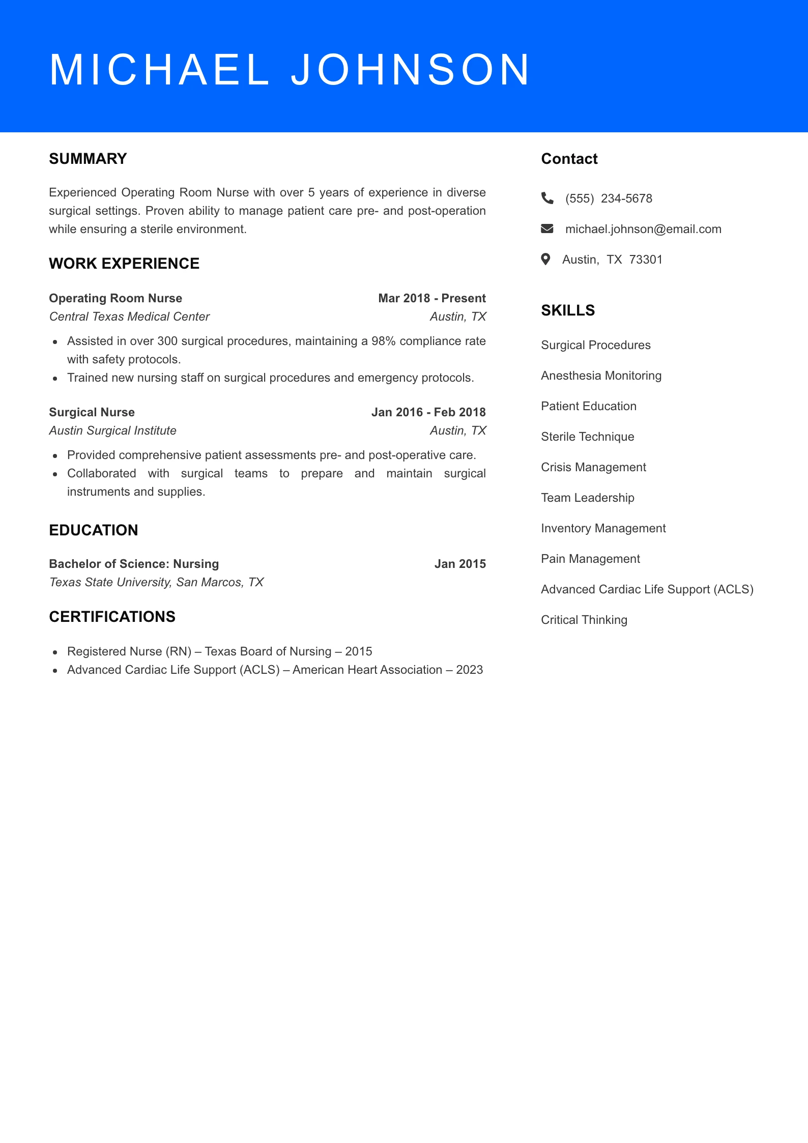 Mid Level Operating Room Nurse Resume Sample