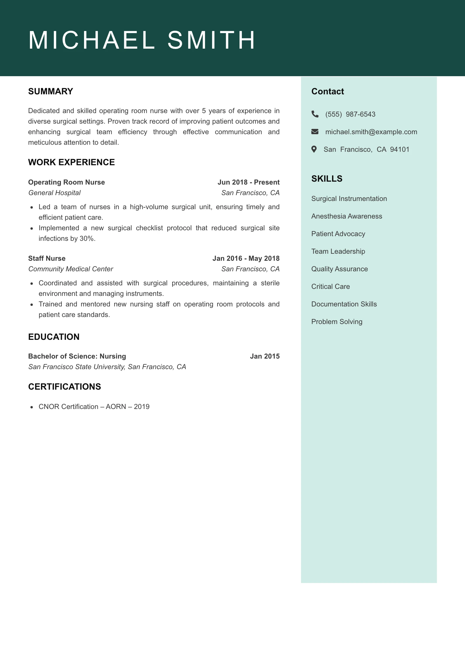 Mid Level Operating Room Nurse Resume Example