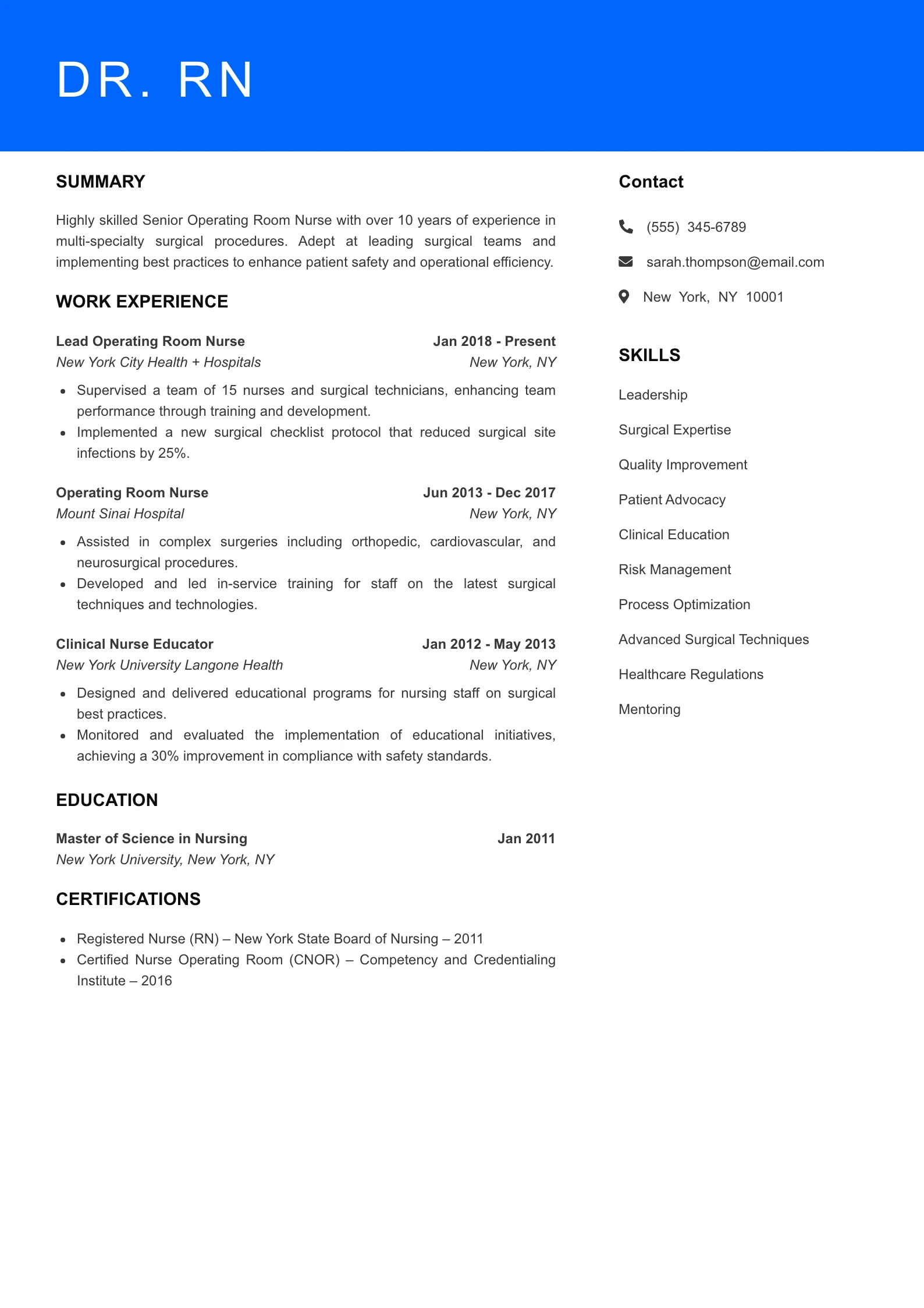 Senior Level Operating Room Nurse Resume Sample