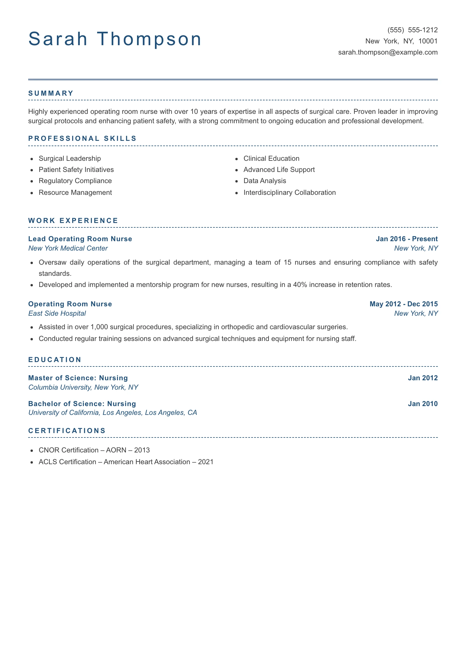 Senior Level Operating Room Nurse Resume Example