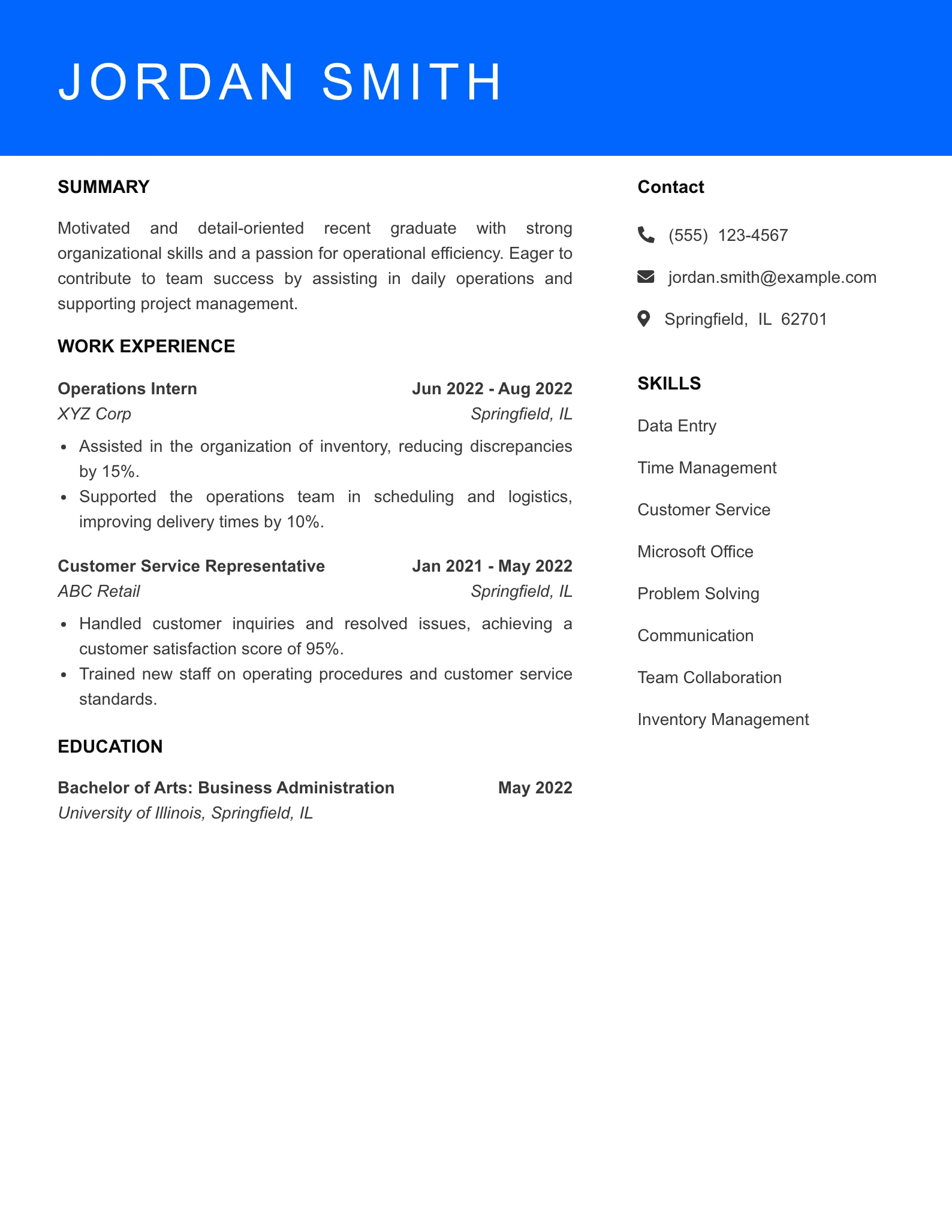Selected Operations Assistant Resume