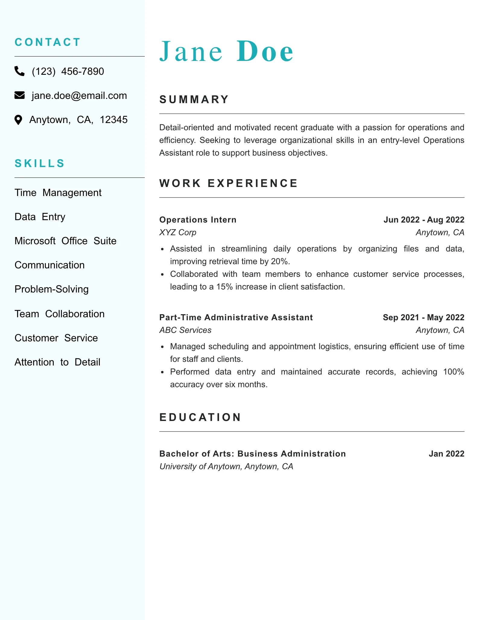 Entry Level Operations Assistant Resume Example