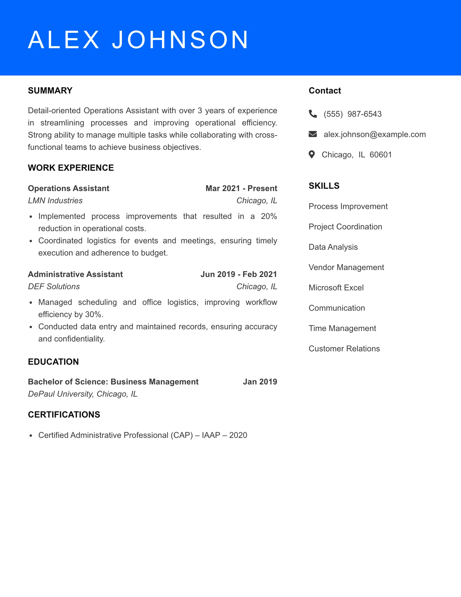 Mid Level Operations Assistant Resume Sample