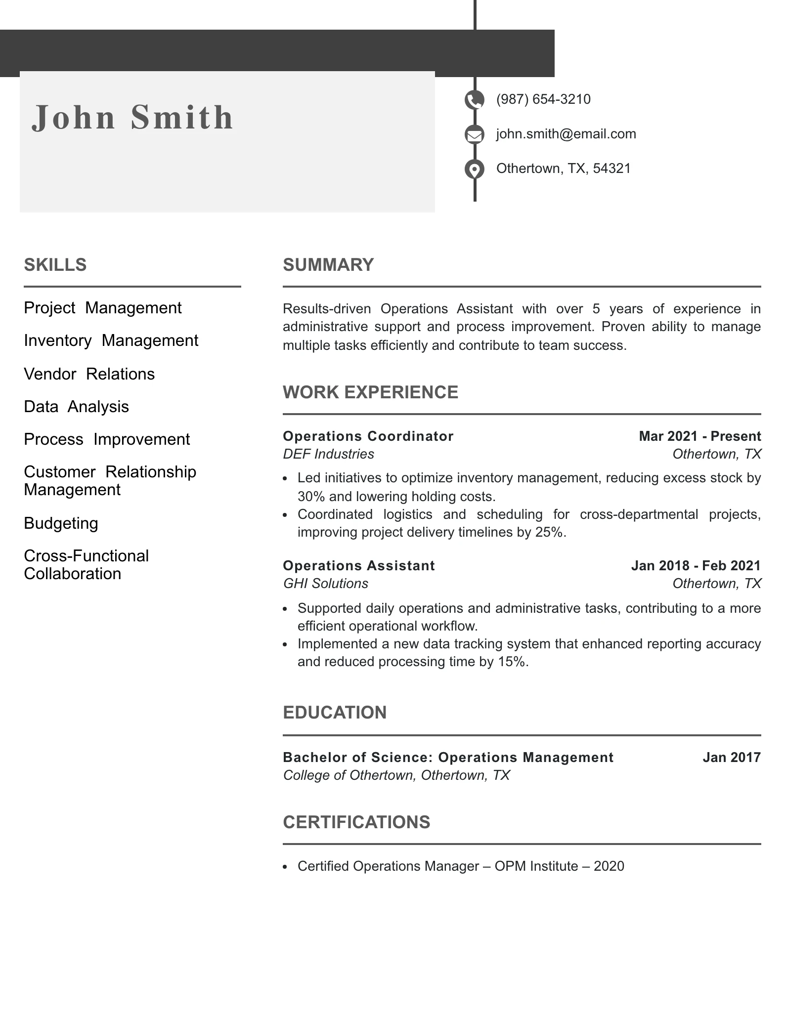 Mid Level Operations Assistant Resume Example