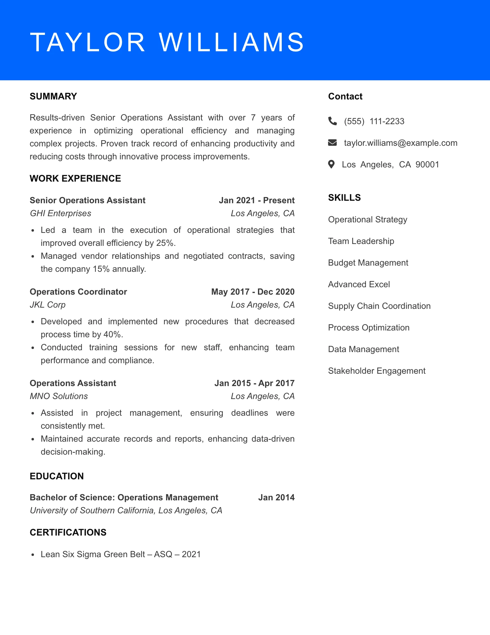 Senior Level Operations Assistant Resume Sample