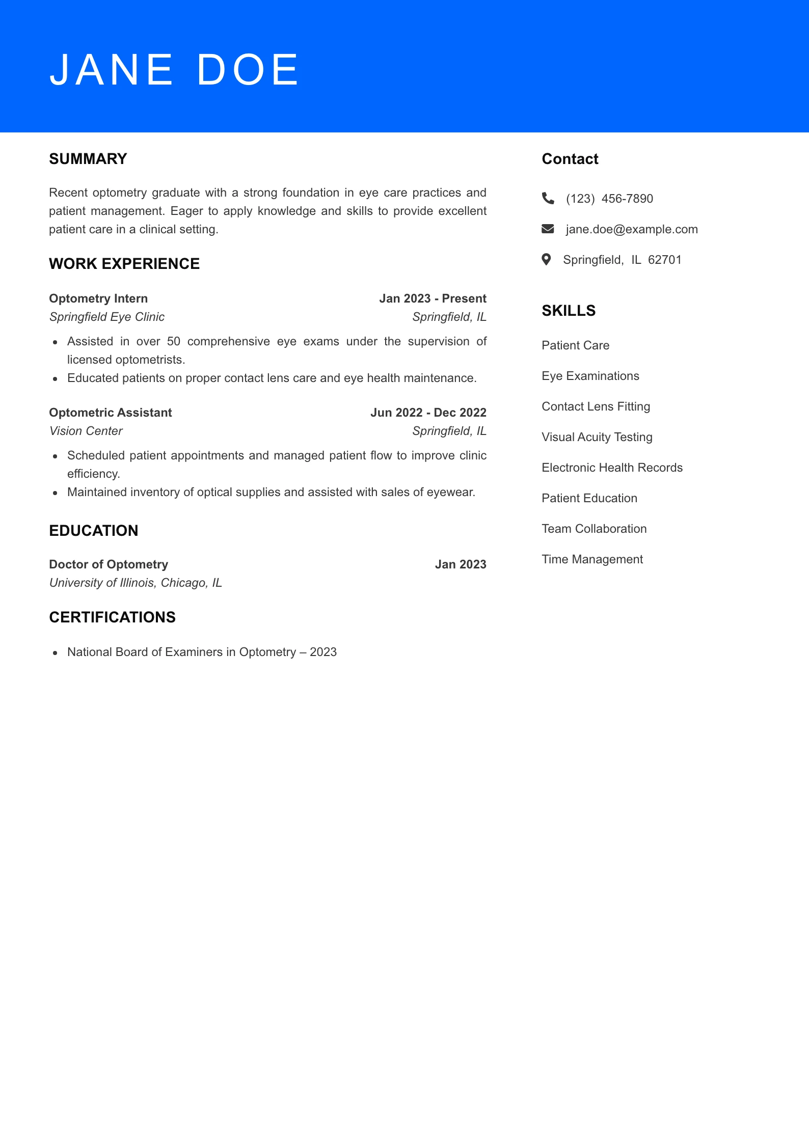 Selected Optometrist Resume