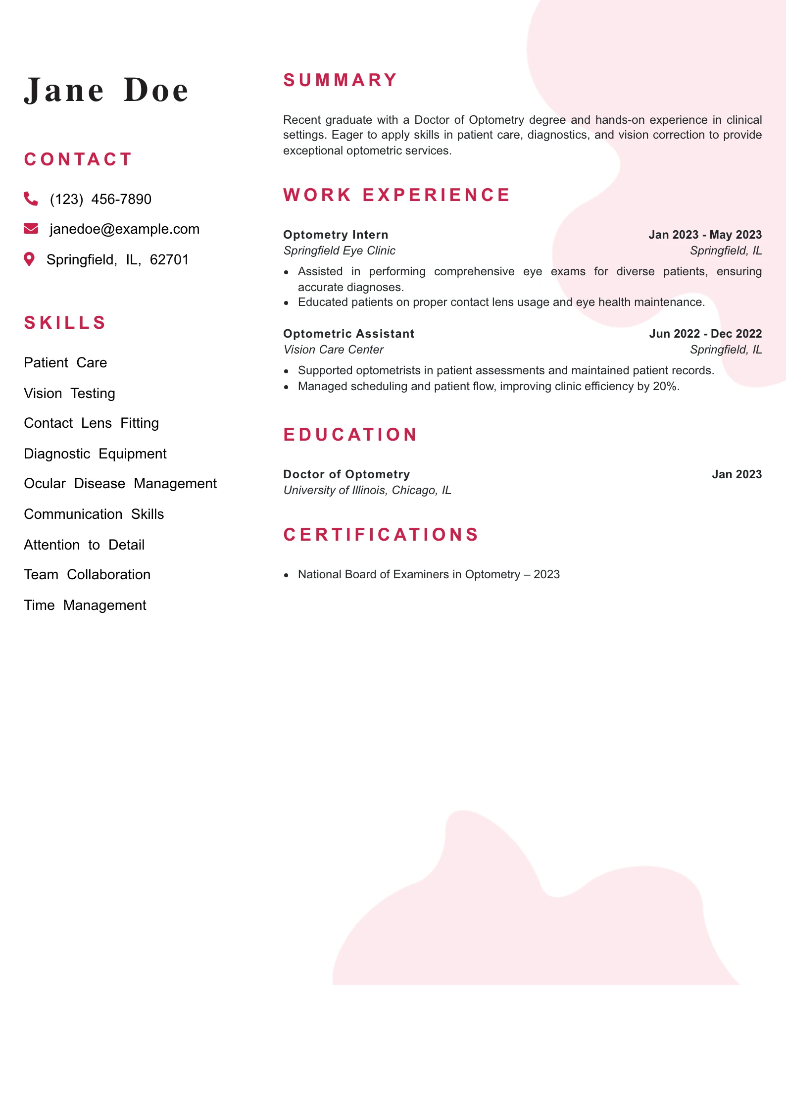 Entry Level Optometrist Resume Example