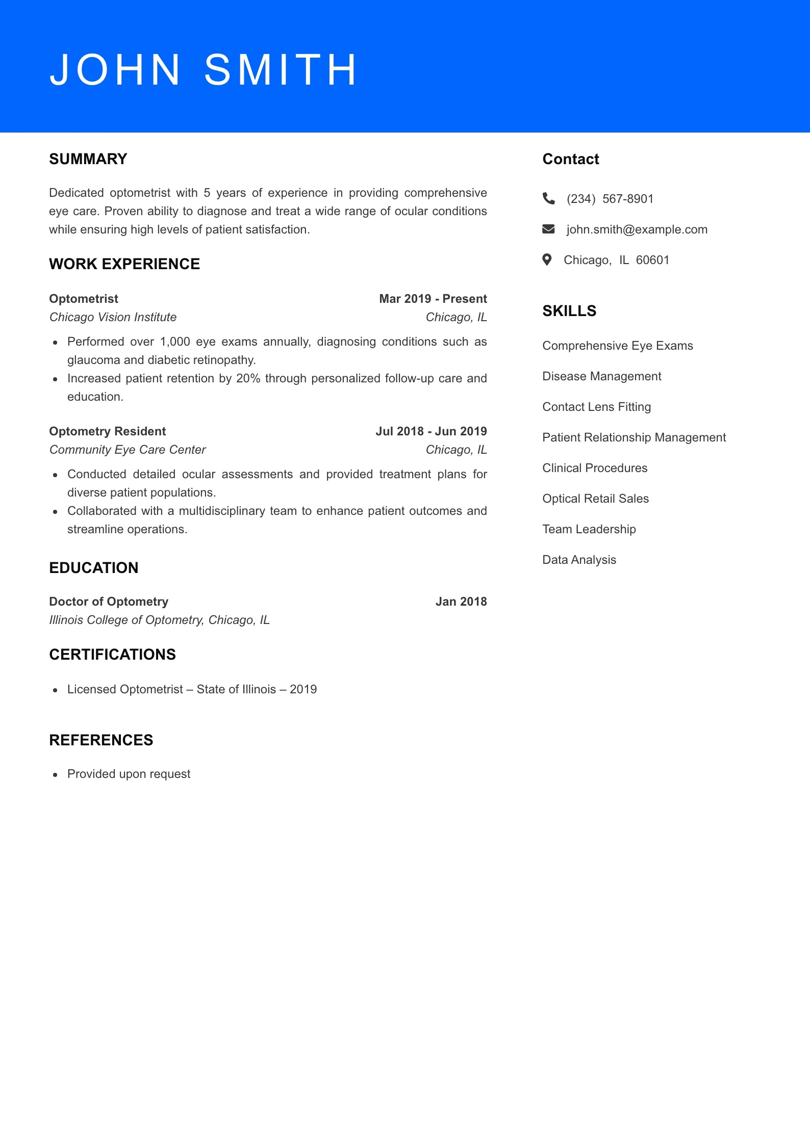 Mid Level Optometrist Resume Sample