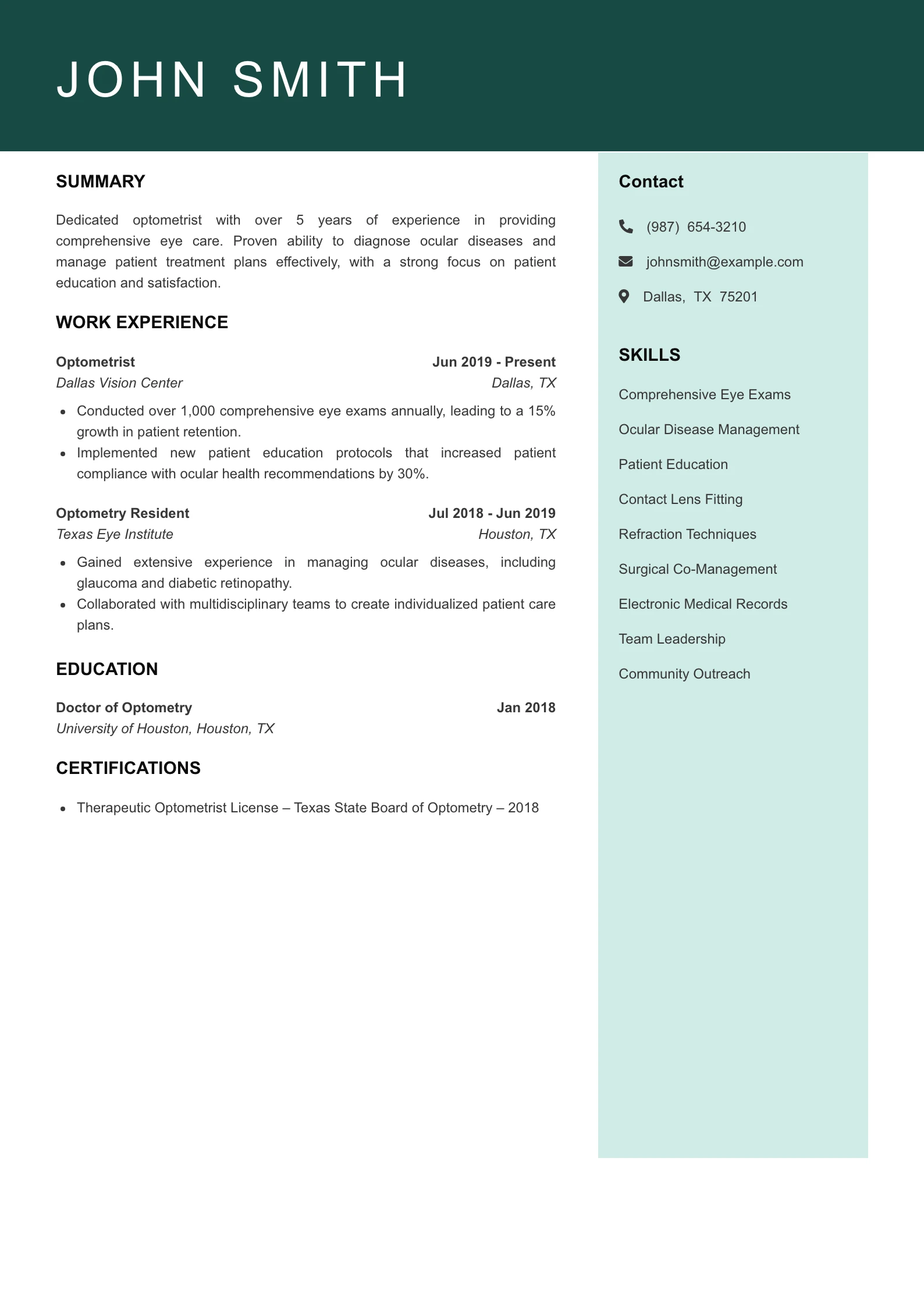 Mid Level Optometrist Resume Example
