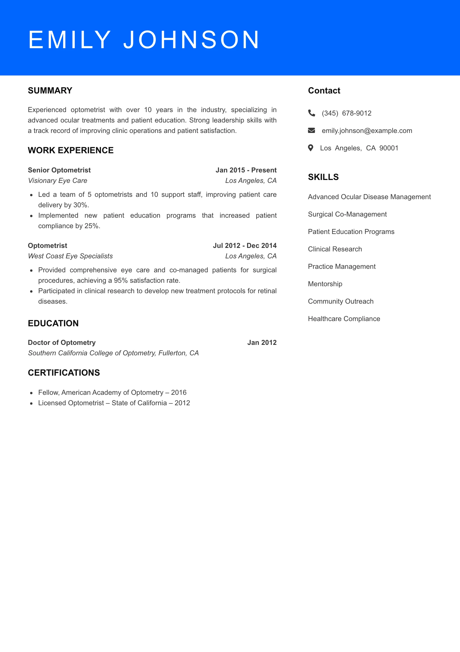 Senior Level Optometrist Resume Sample