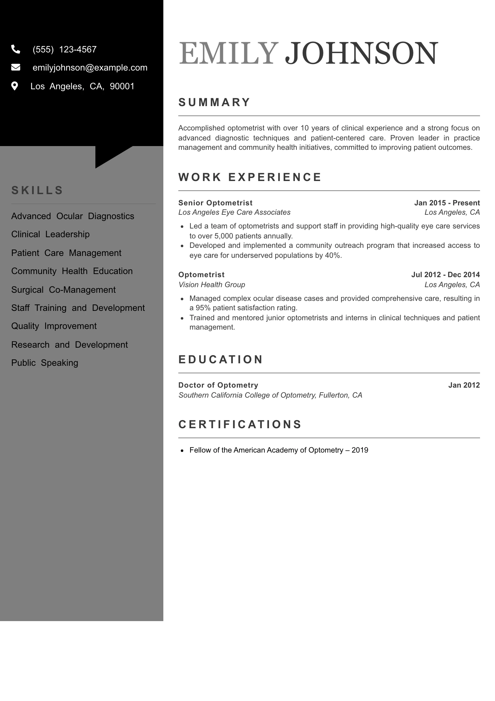 Senior Level Optometrist Resume Example