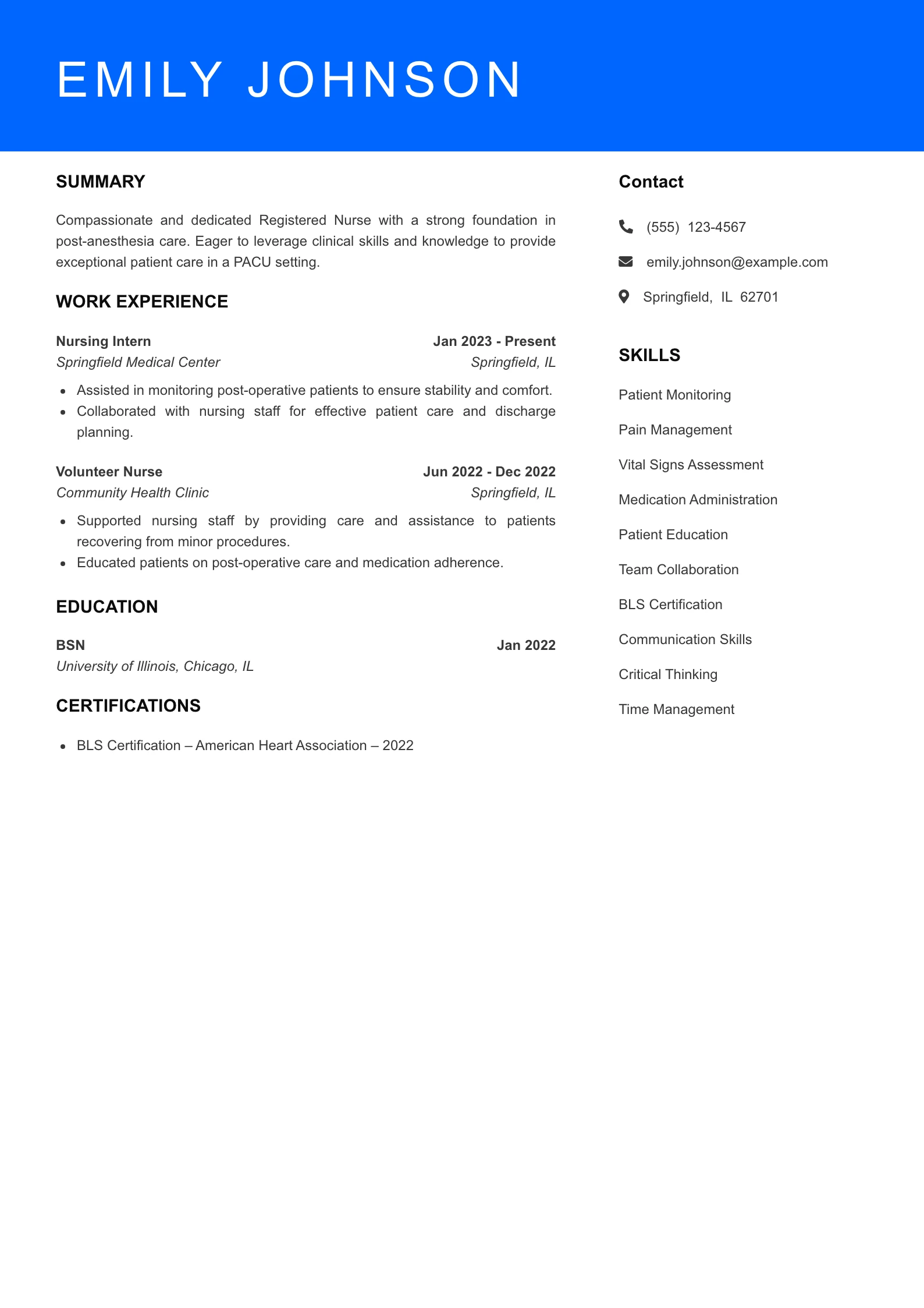 Selected PACU Nurse Resume