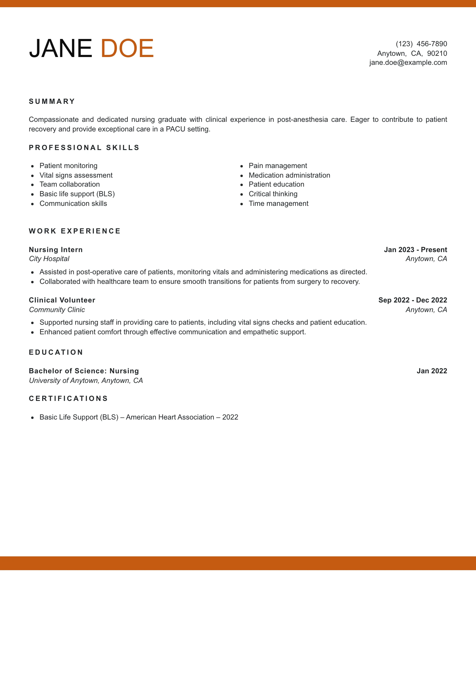 Entry Level PACU Nurse Resume Example