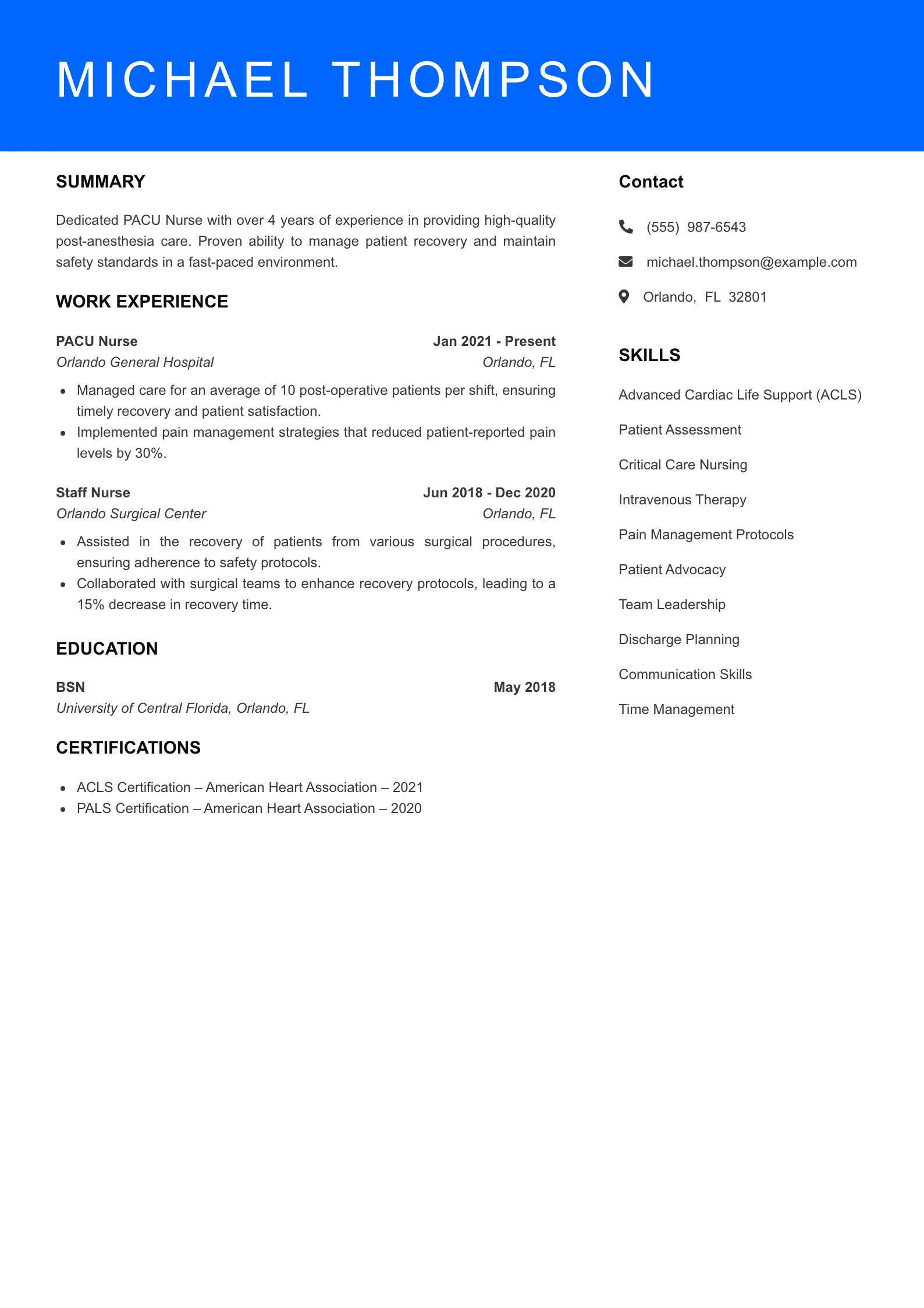 Mid Level PACU Nurse Resume Sample