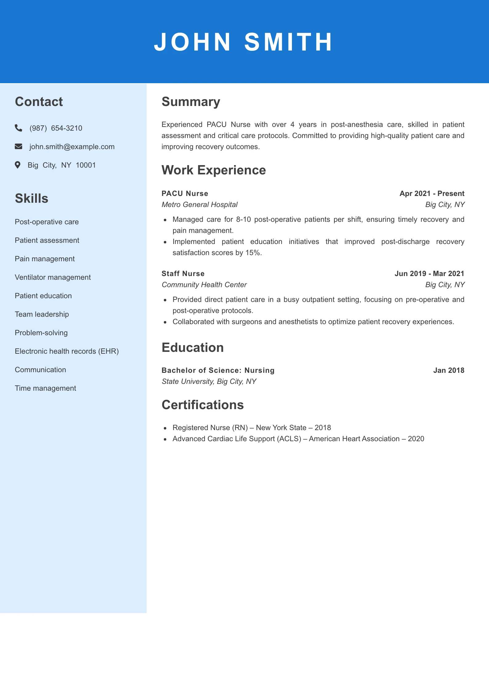 Mid Level PACU Nurse Resume Example