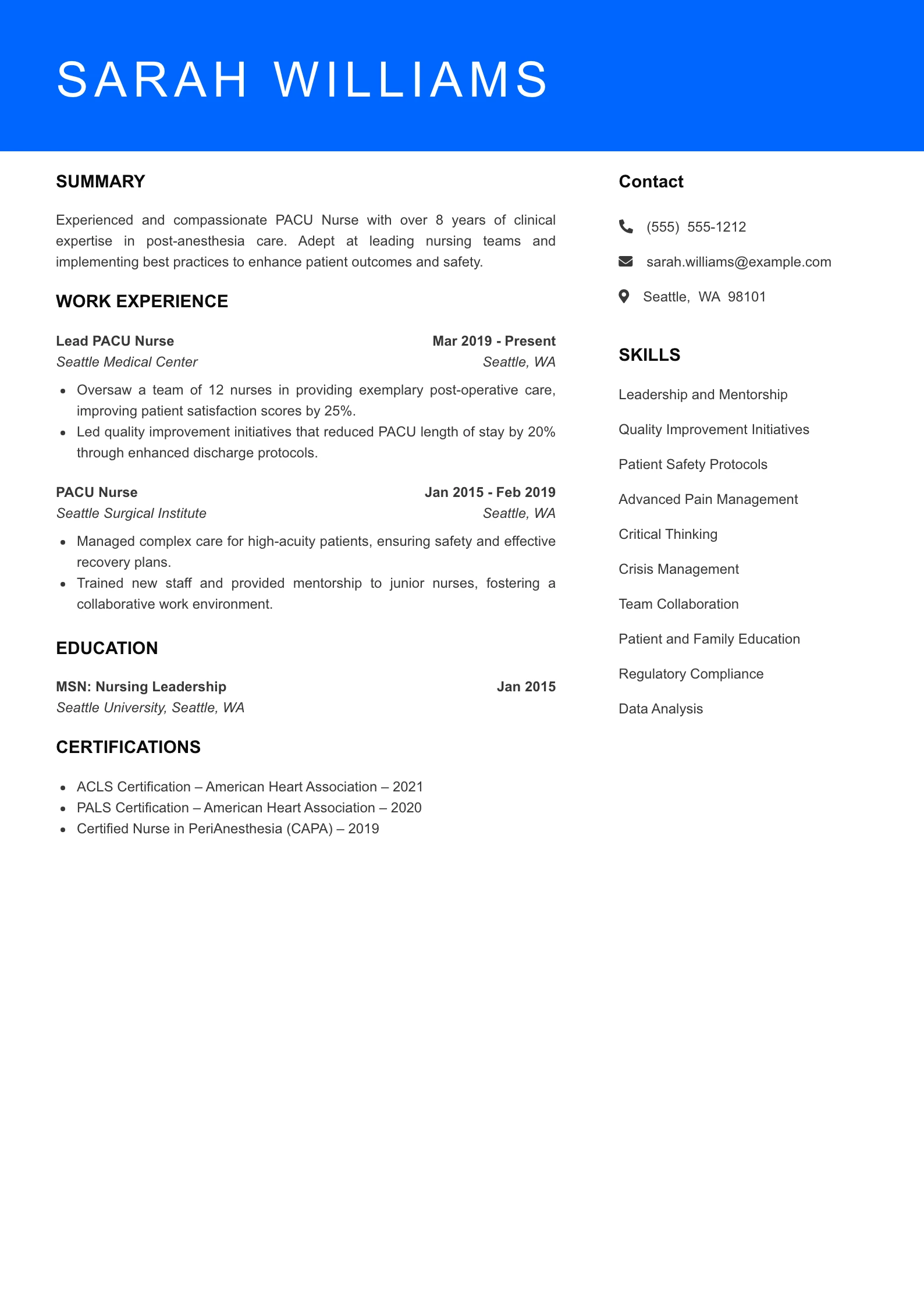 Senior Level PACU Nurse Resume Sample