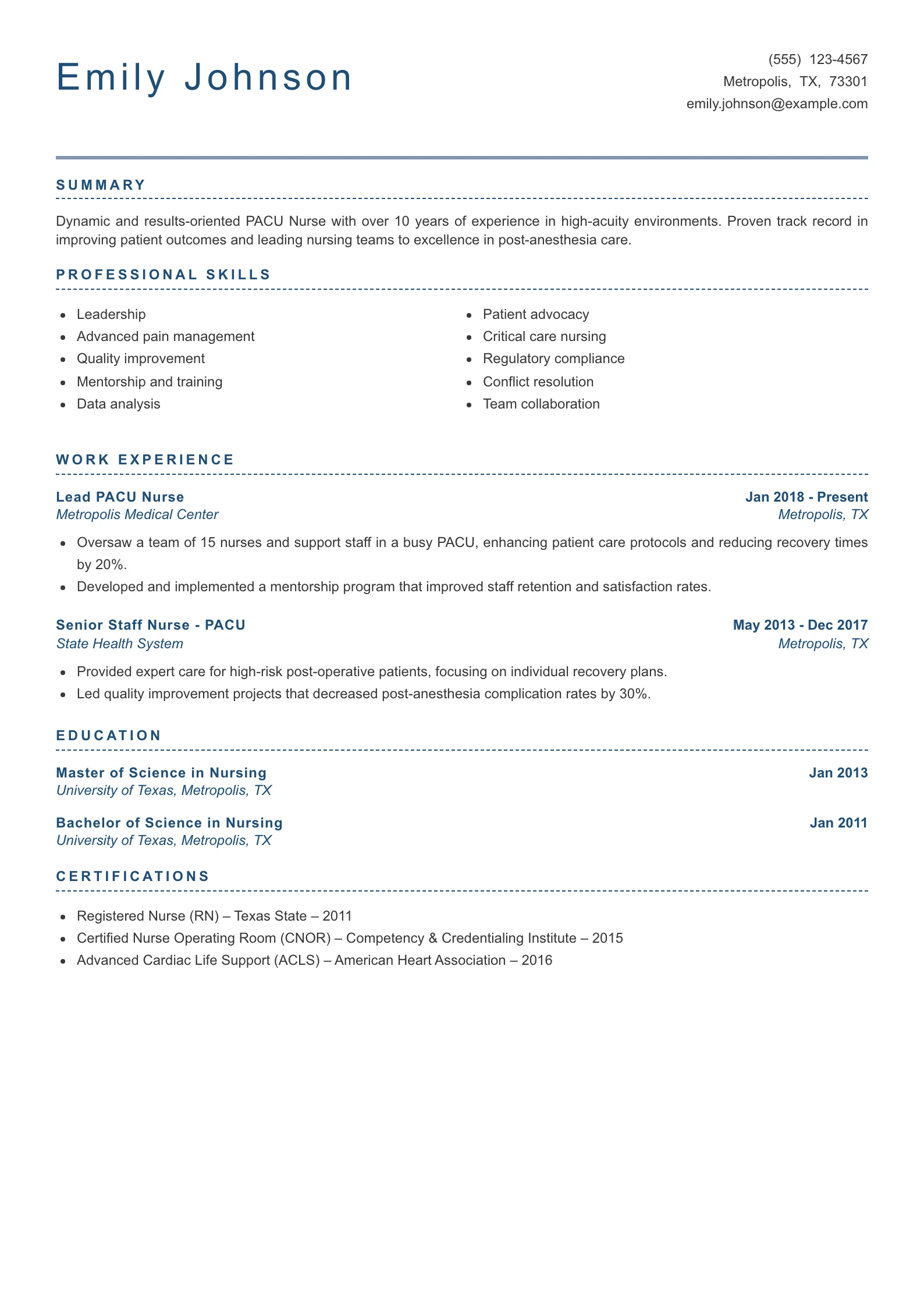 Senior Level PACU Nurse Resume Example
