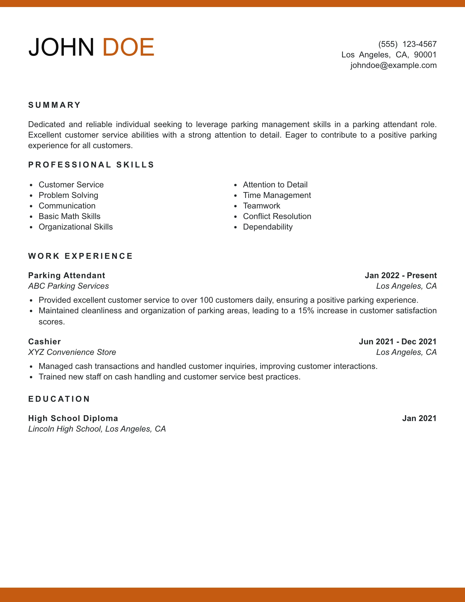 Entry Level Parking Attendant Resume Example