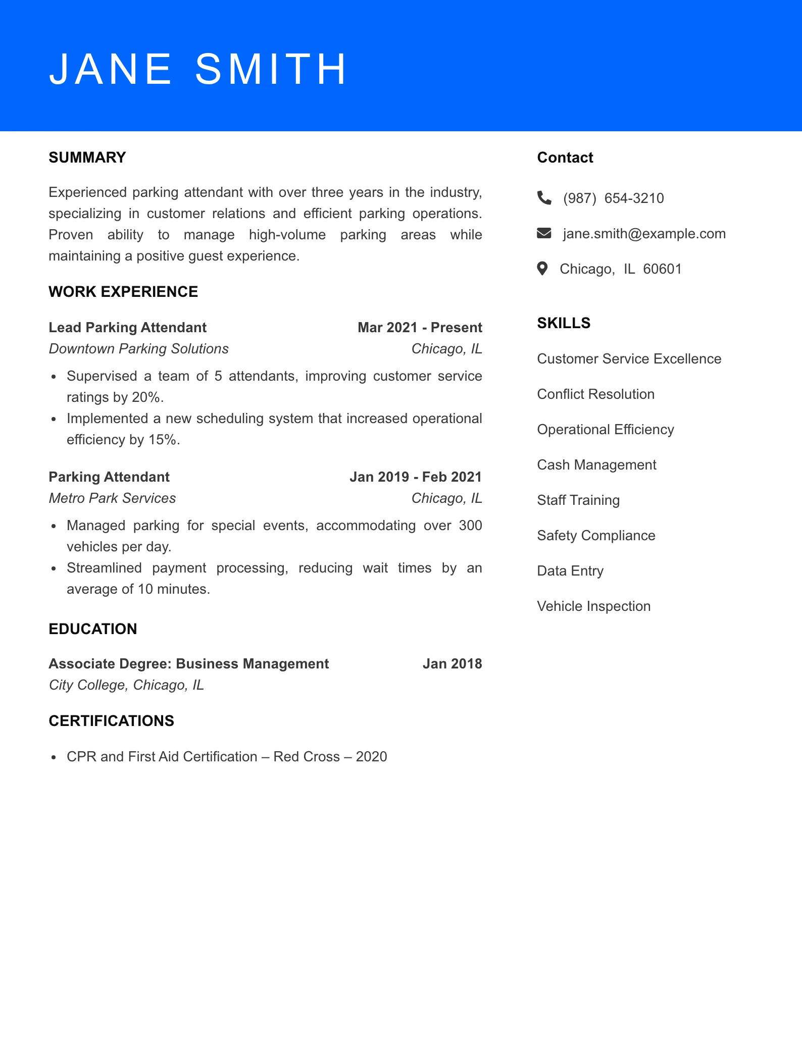 Mid Level Parking Attendant Resume Sample