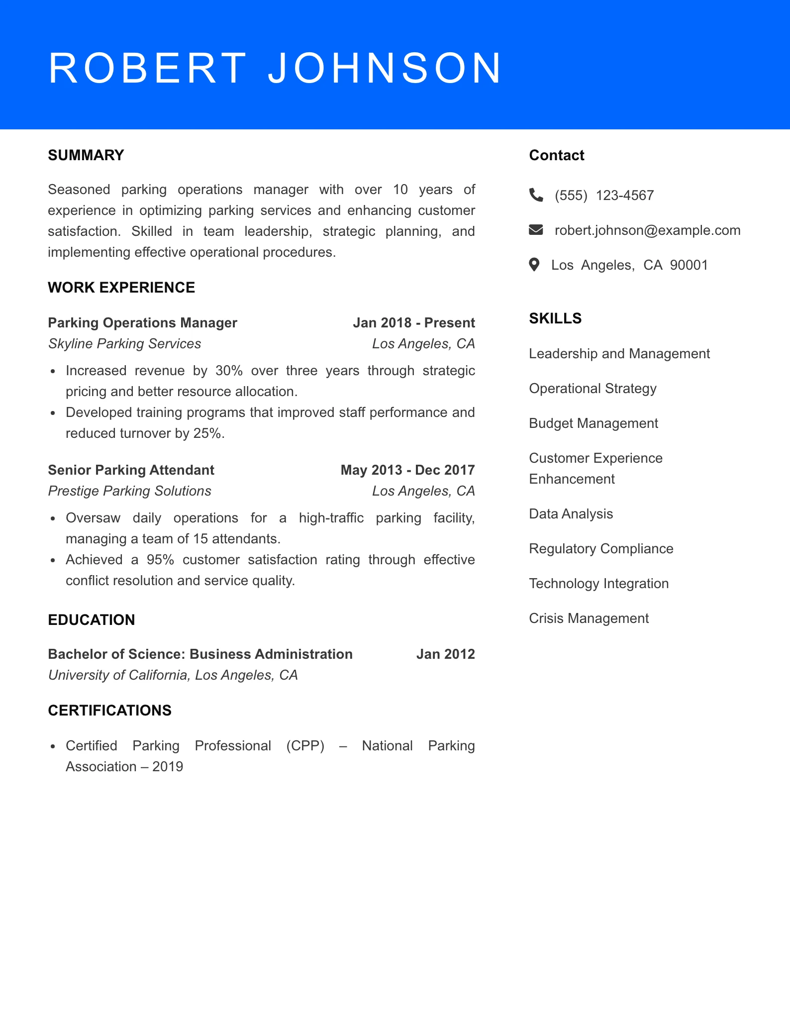 Senior Level Parking Attendant Resume Sample