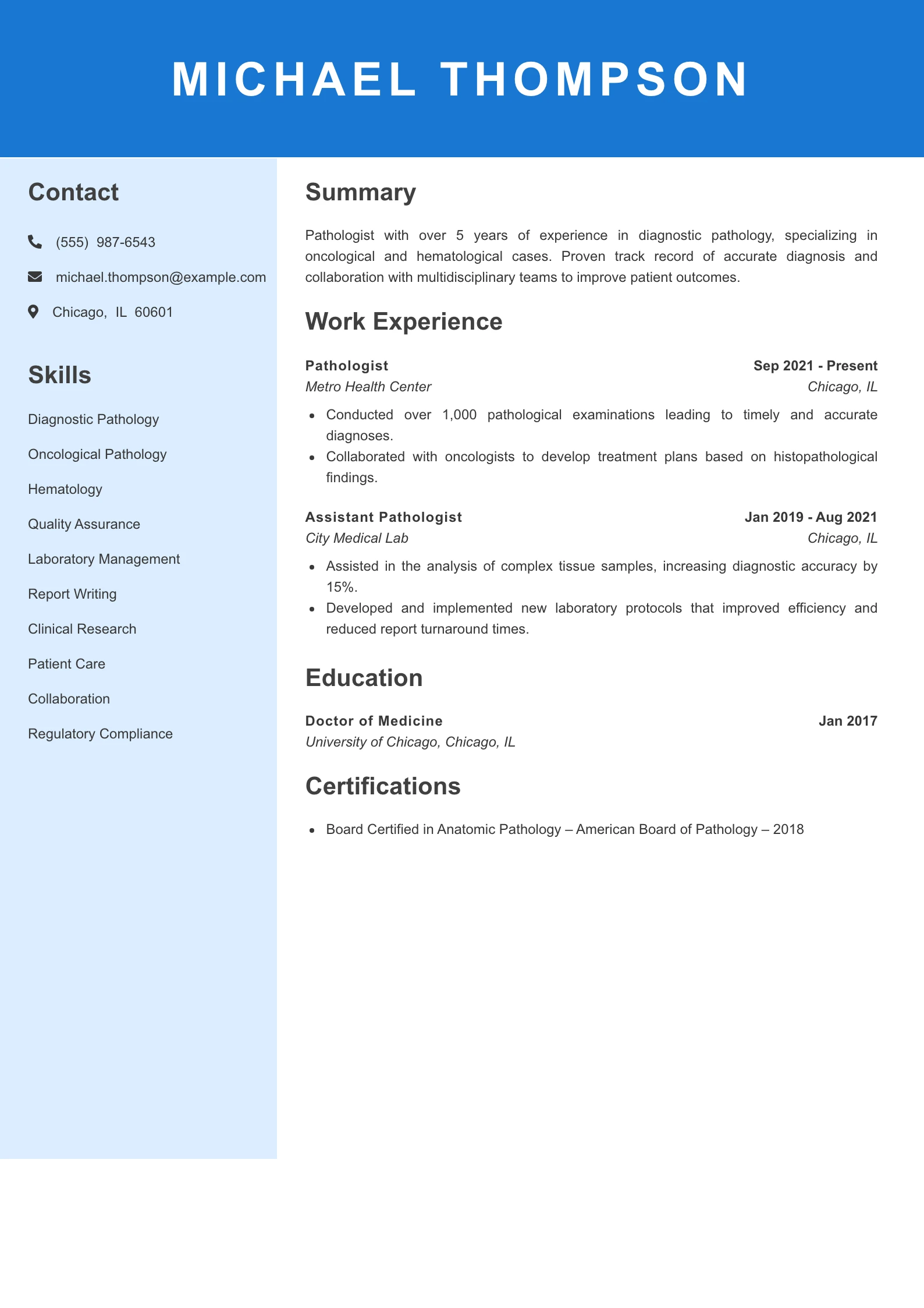 Mid Level Pathologist Resume Example
