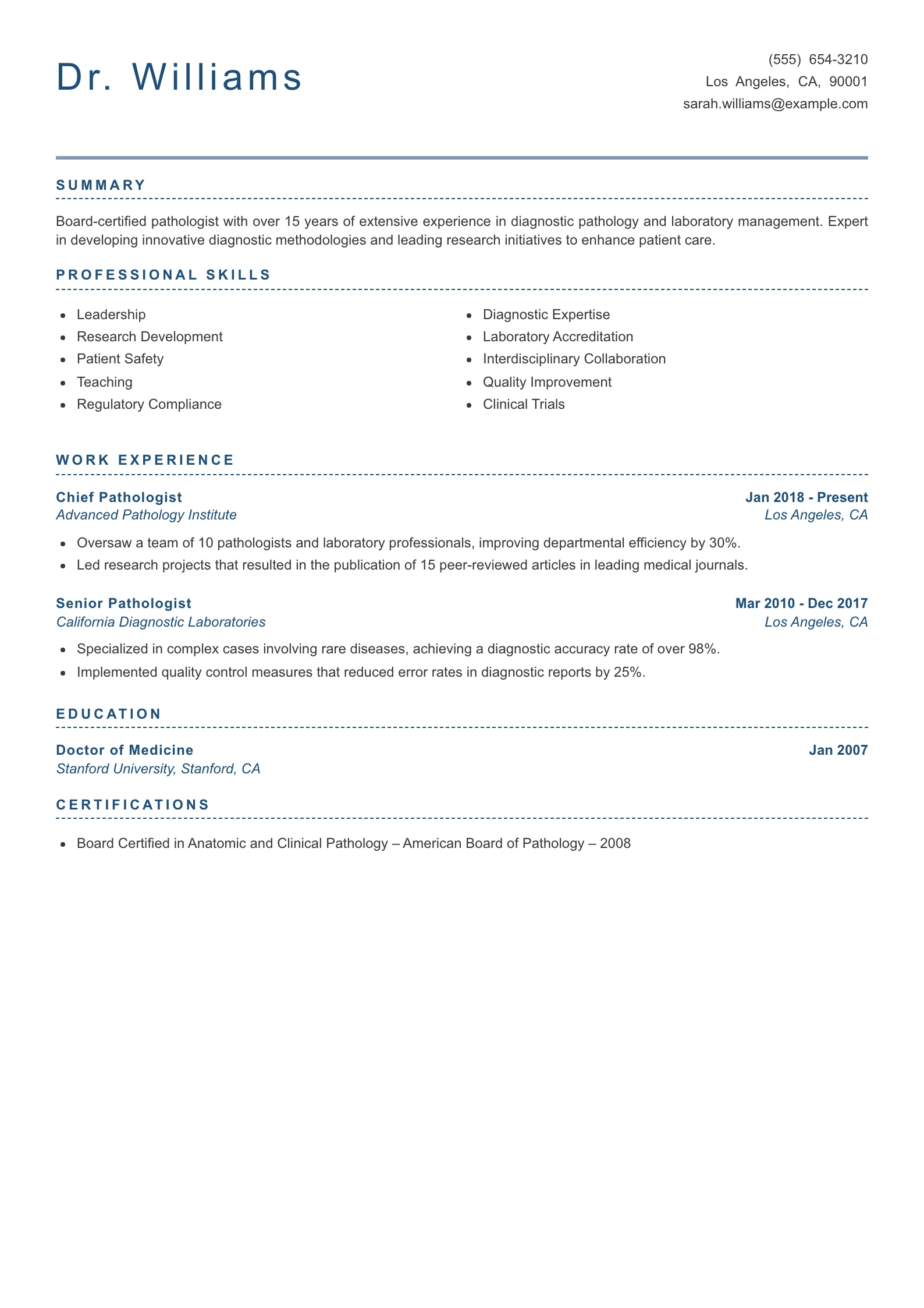 Senior Level Pathologist Resume Example