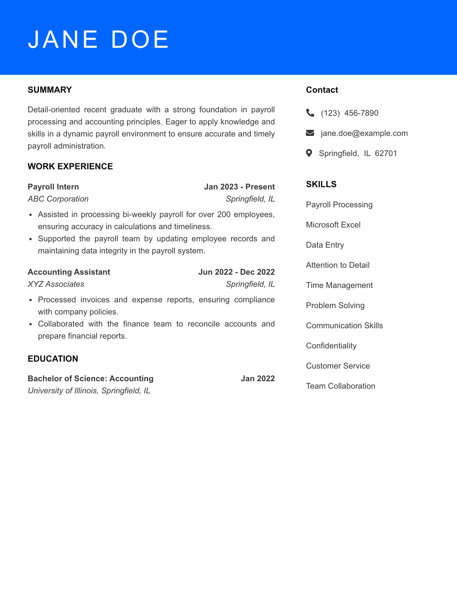 Selected Payroll Specialist Resume