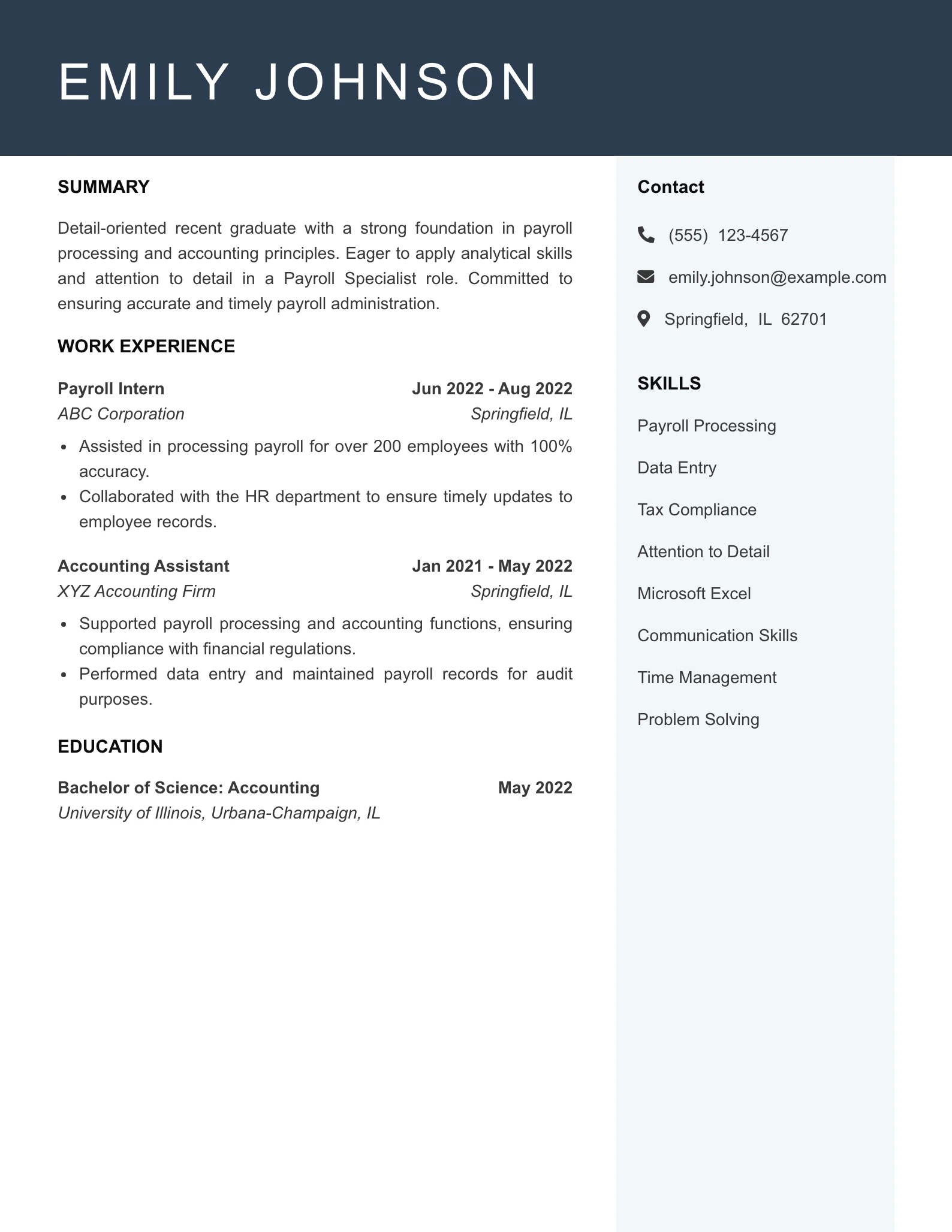 Entry Level Payroll Specialist Resume Example