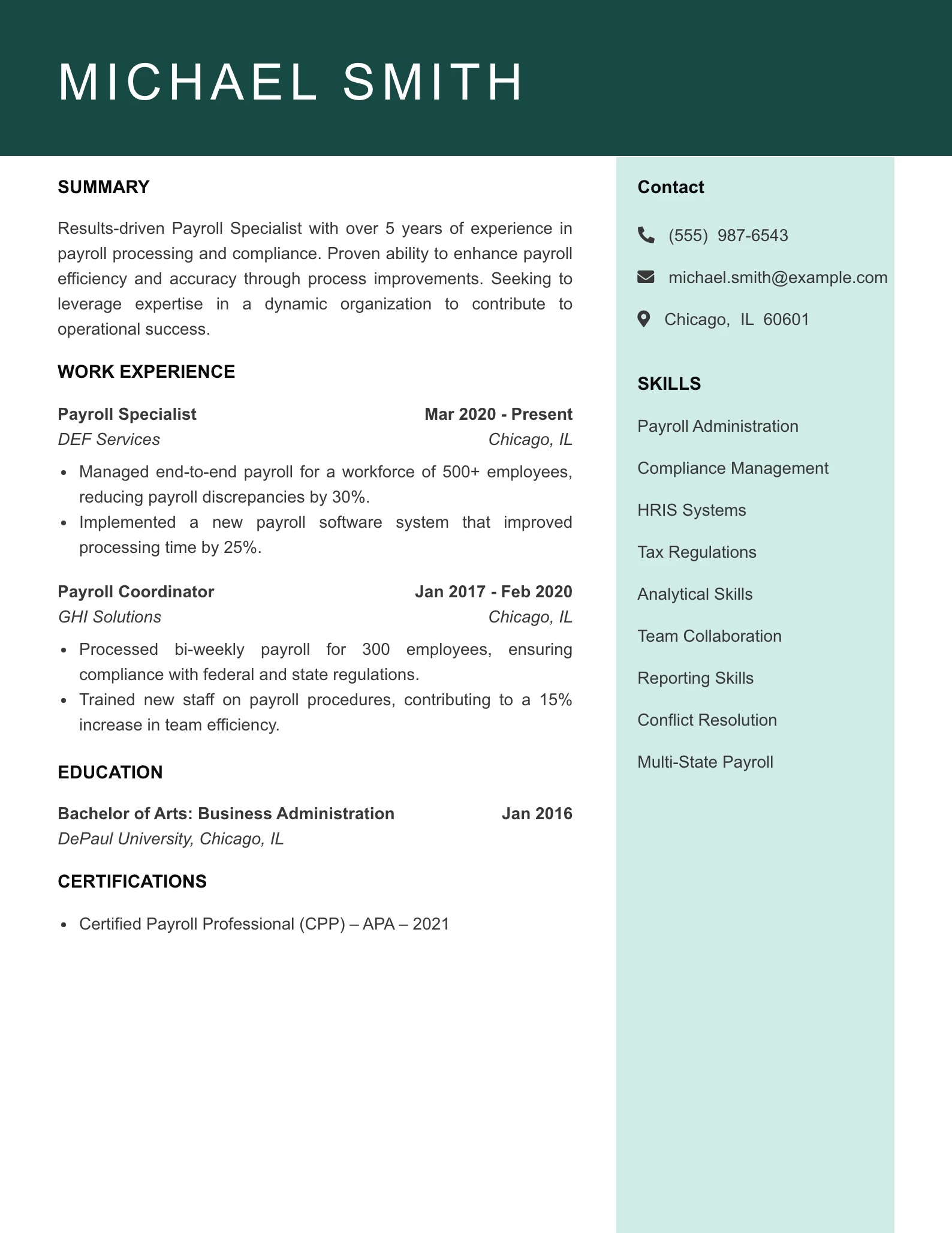 Mid Level Payroll Specialist Resume Example