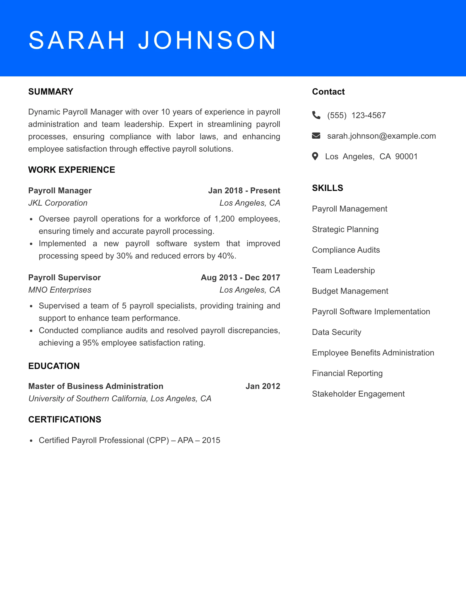 Senior Level Payroll Specialist Resume Sample