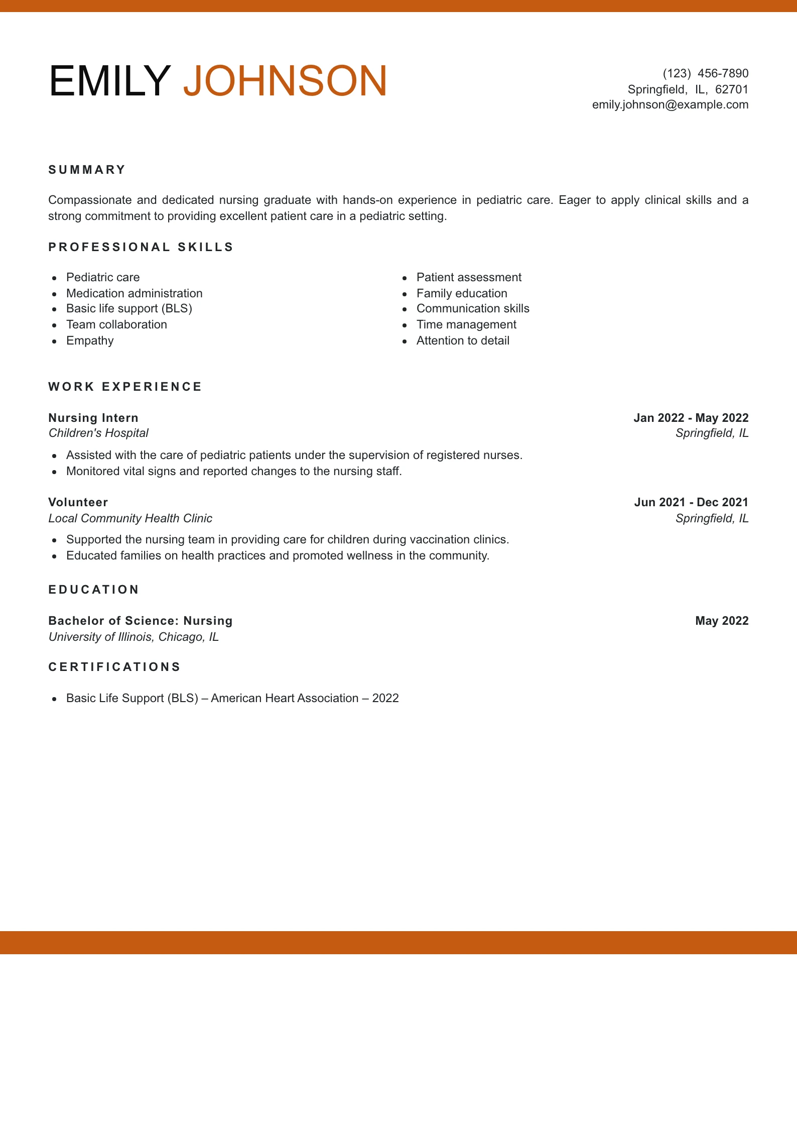 Entry Level Pediatric Nurse Resume Example