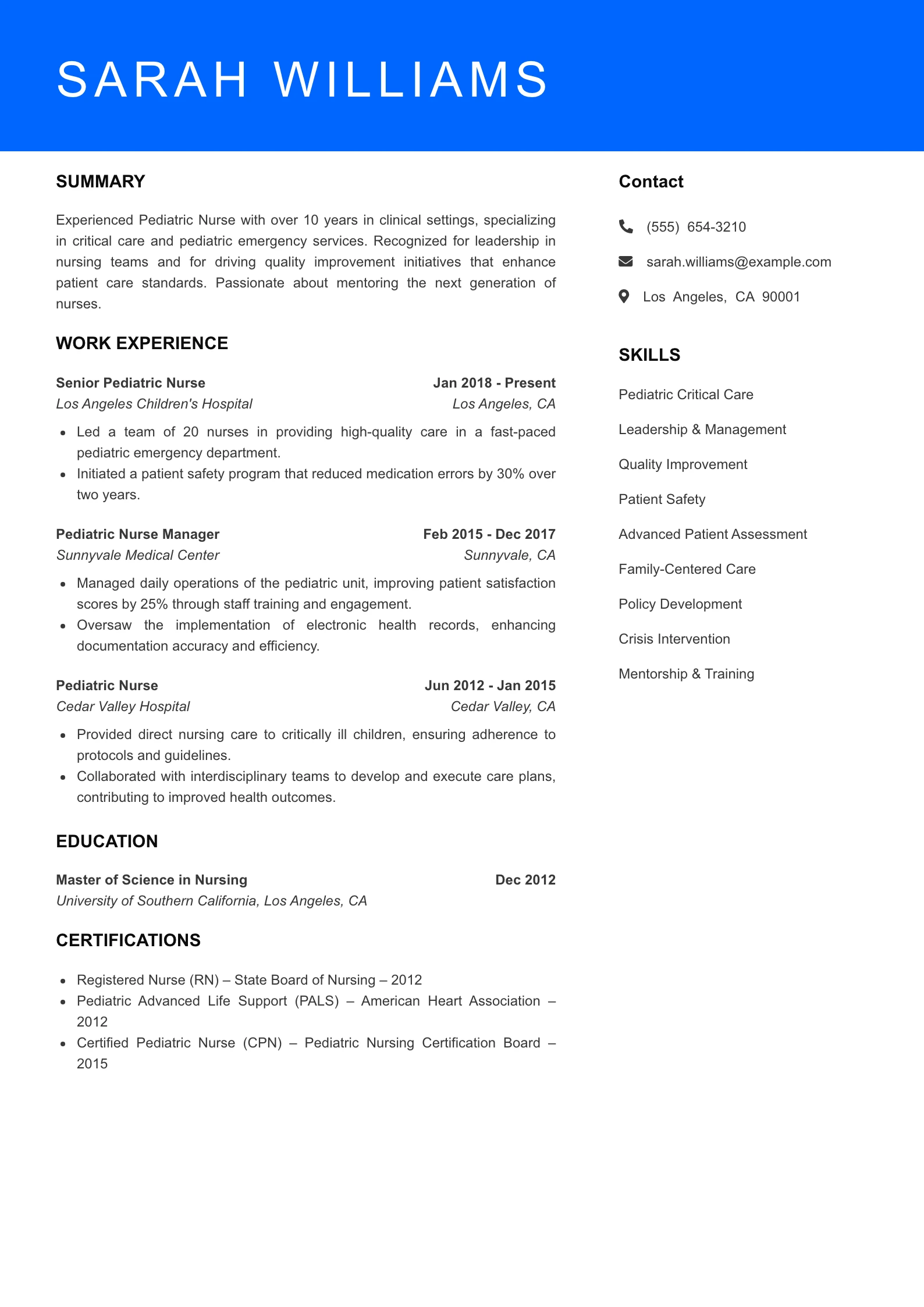 Senior Level Pediatric Nurse Resume Sample