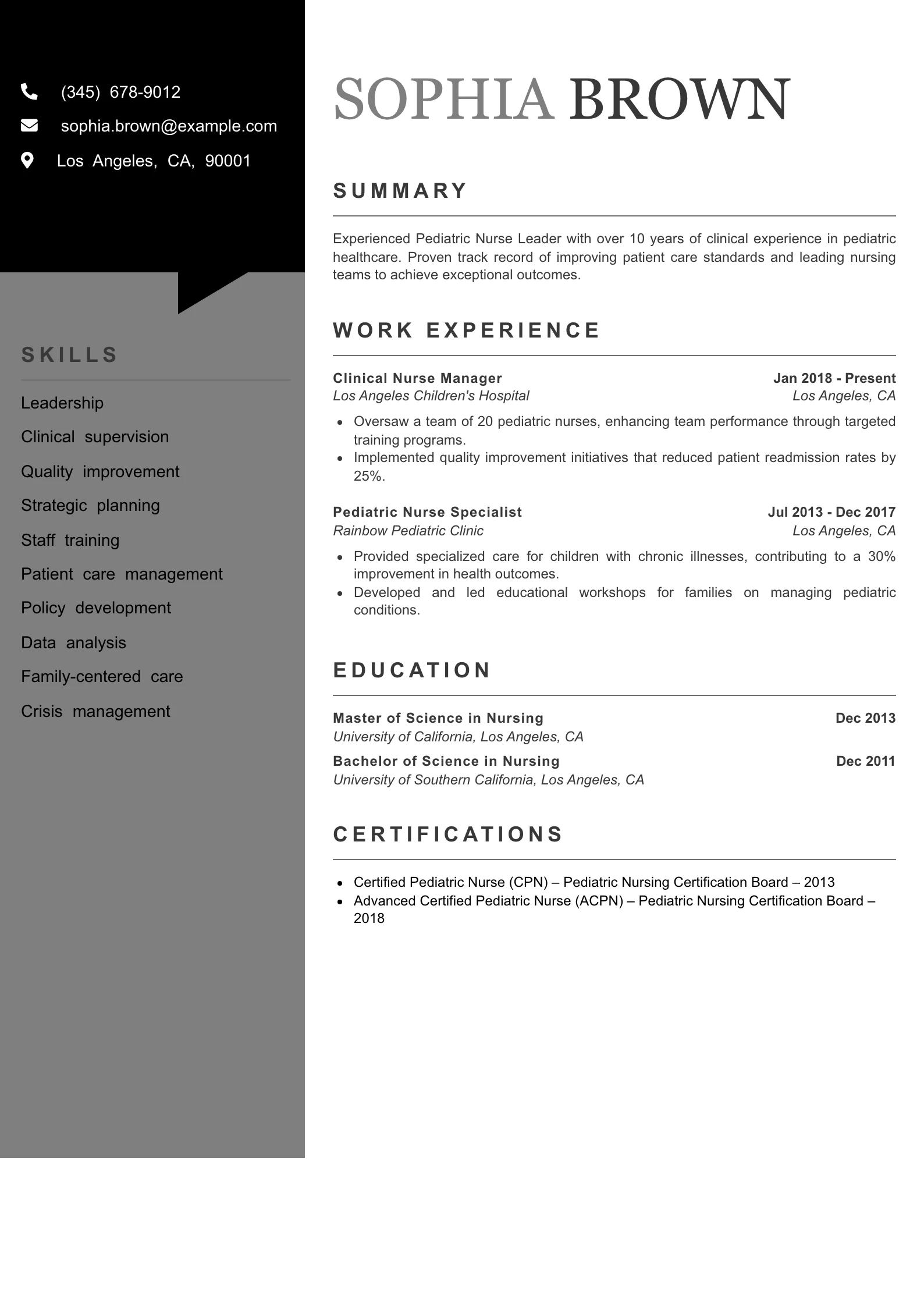 Senior Level Pediatric Nurse Resume Example