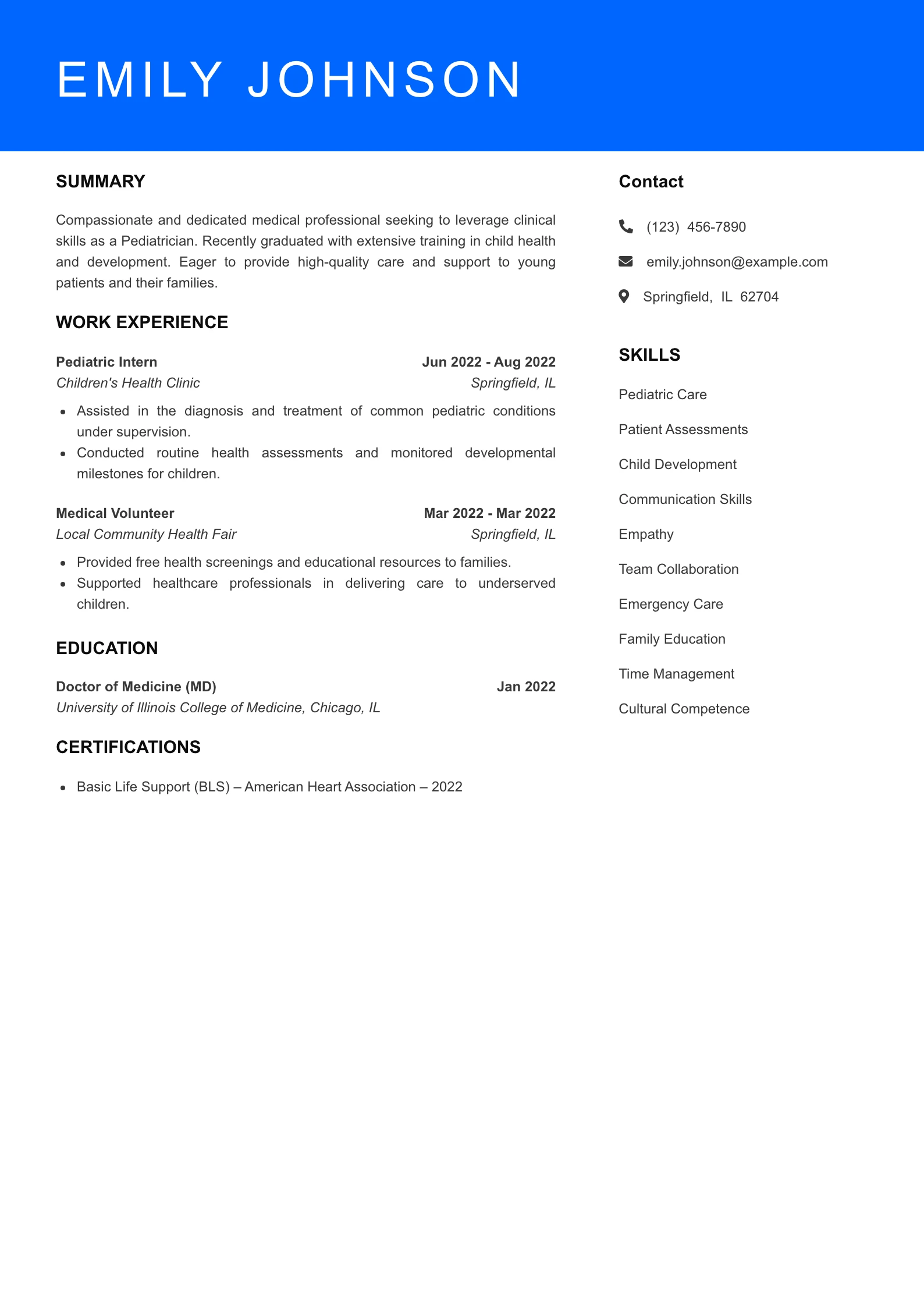 Selected Pediatrician Resume