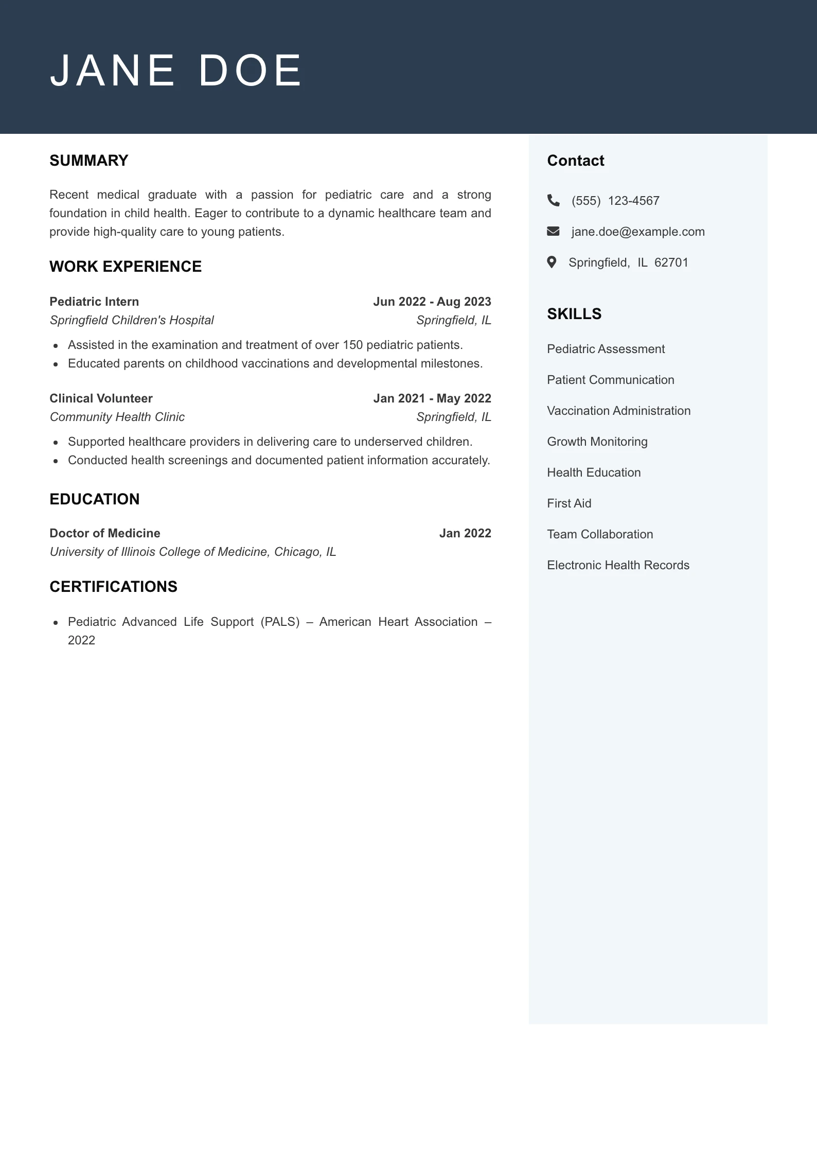 Entry Level Pediatrician Resume Example
