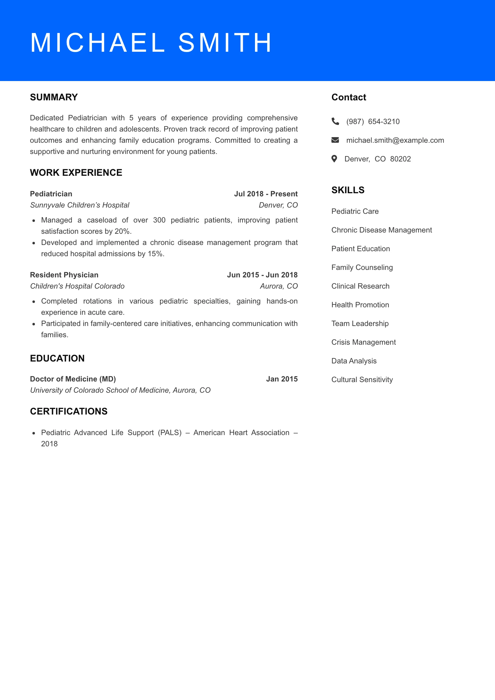 Mid Level Pediatrician Resume Sample